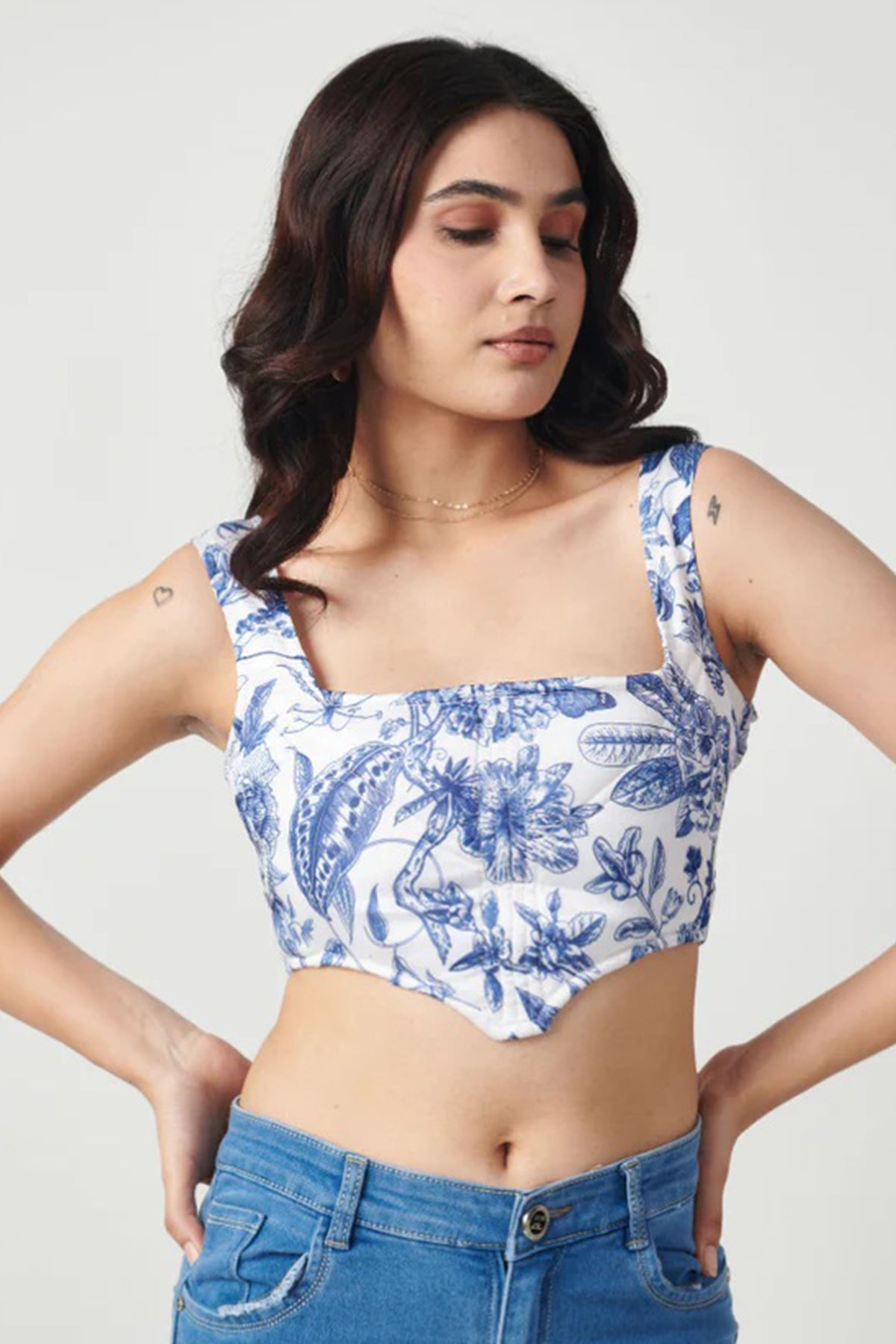 Buy Blue Semi Satin Floral Crop Top for women online available at ScrollnShops