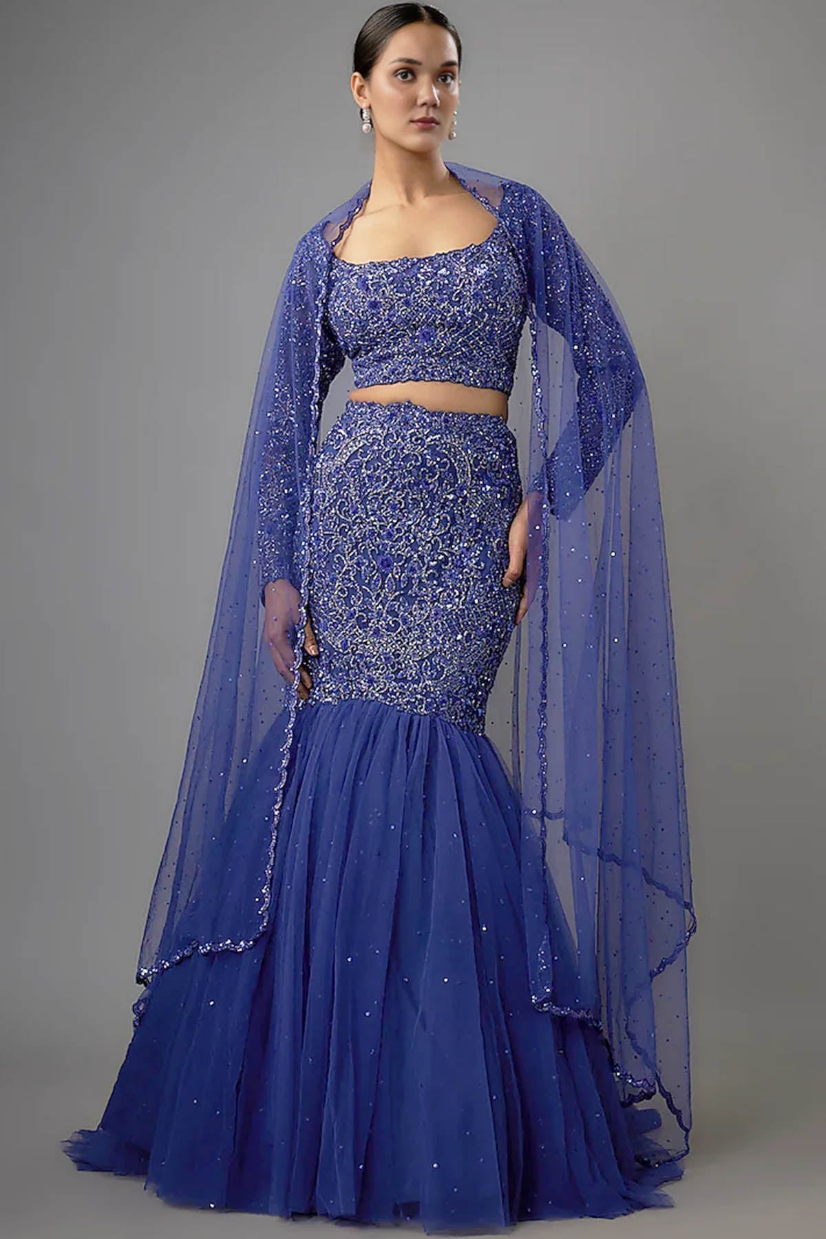 Buy Blue Sequins Fitted Lehenga Set by Shlok Design for women online at ScrollnShops