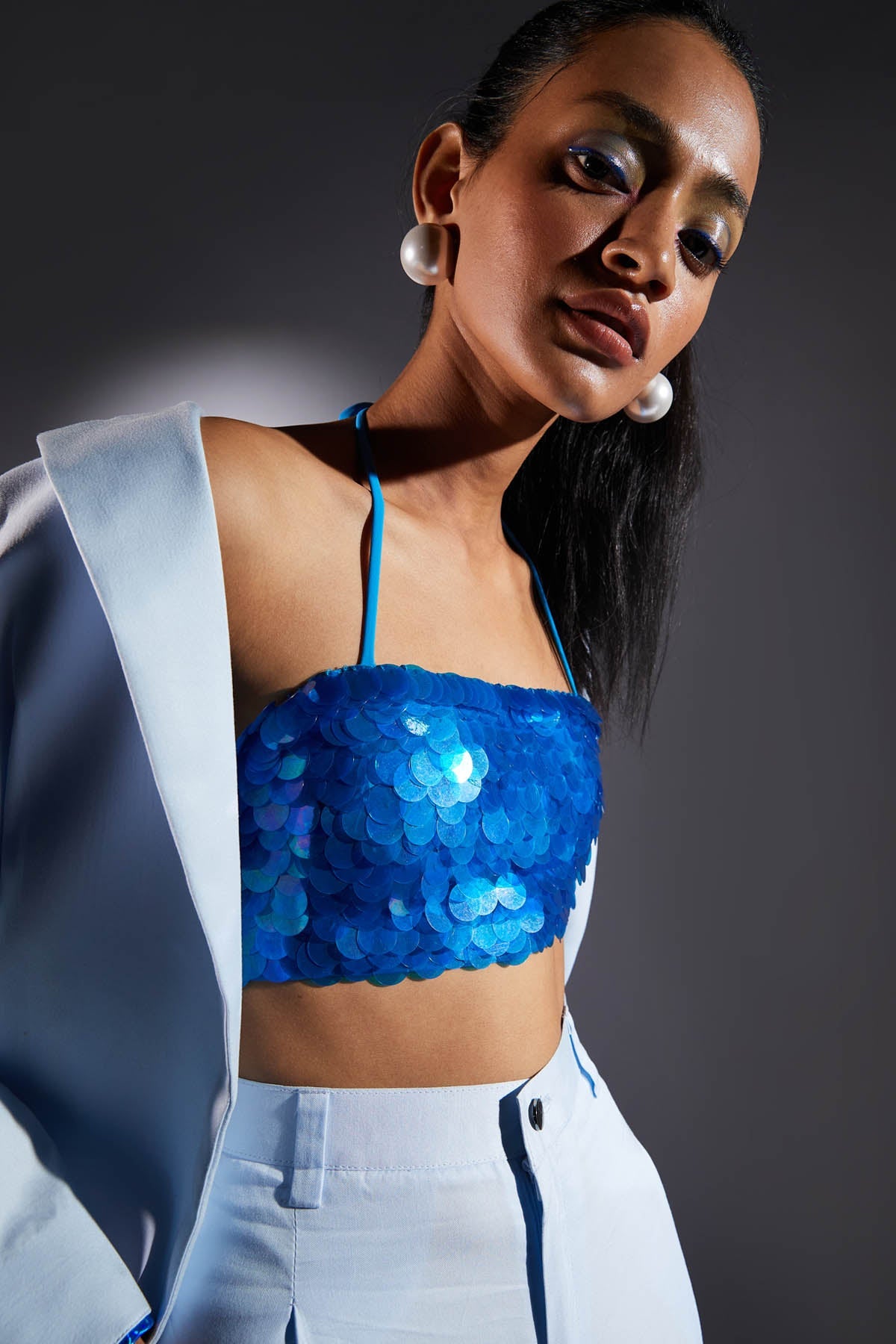 Blue Sequins Halter Bralette for women