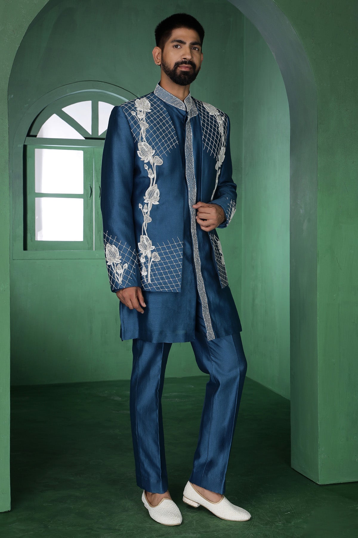 Buy Blue Sequins Kurta And Pants for Men by Designer Harshita Dhanawat available online at ScrollnShops