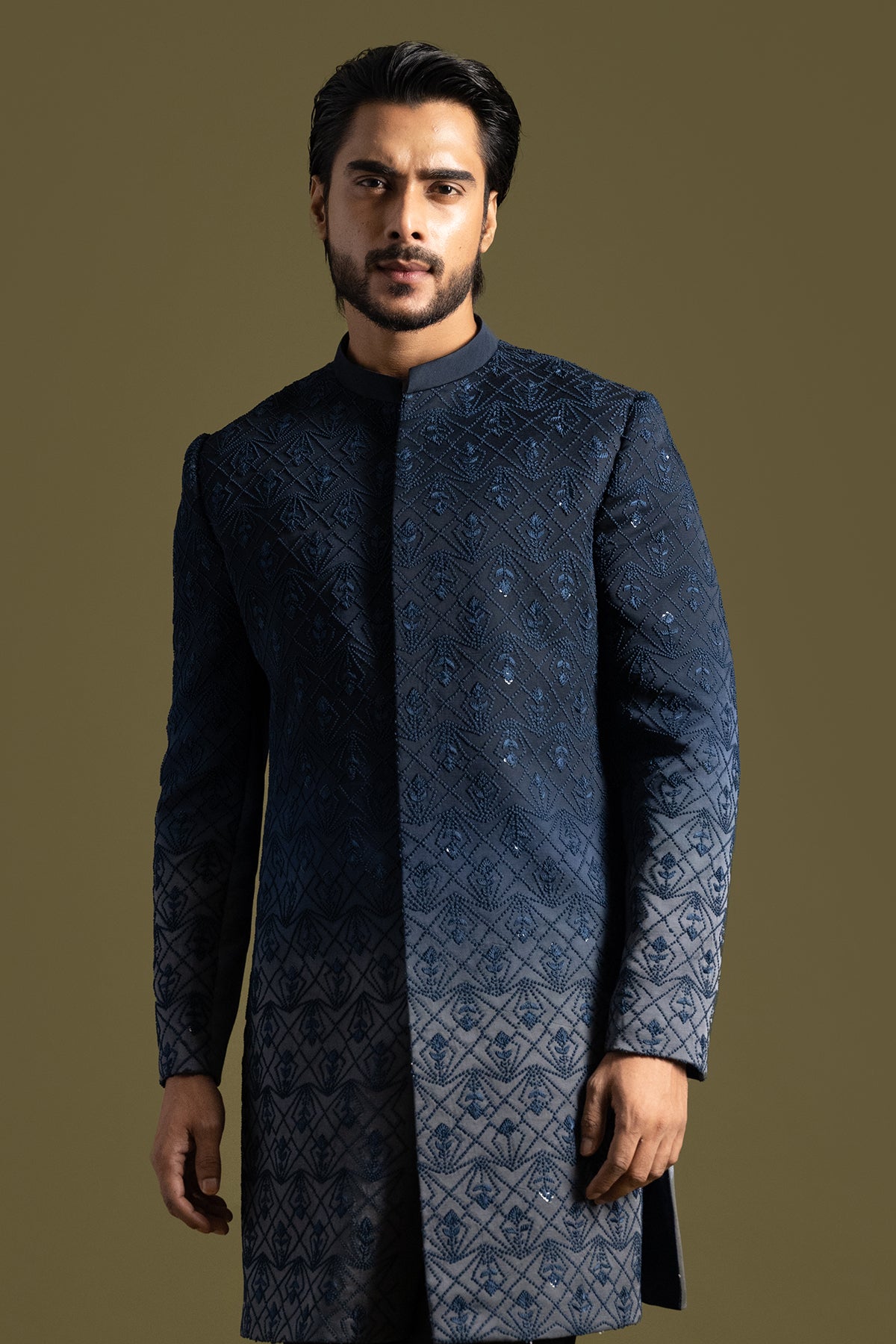 Blue Shaded Linen Achkan Set