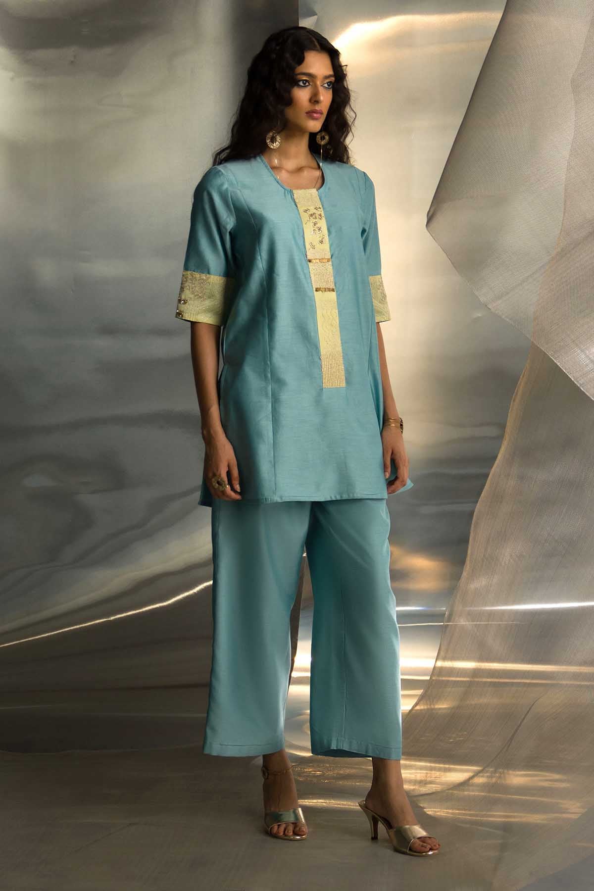 Blue Short Embroidered Kurta Set