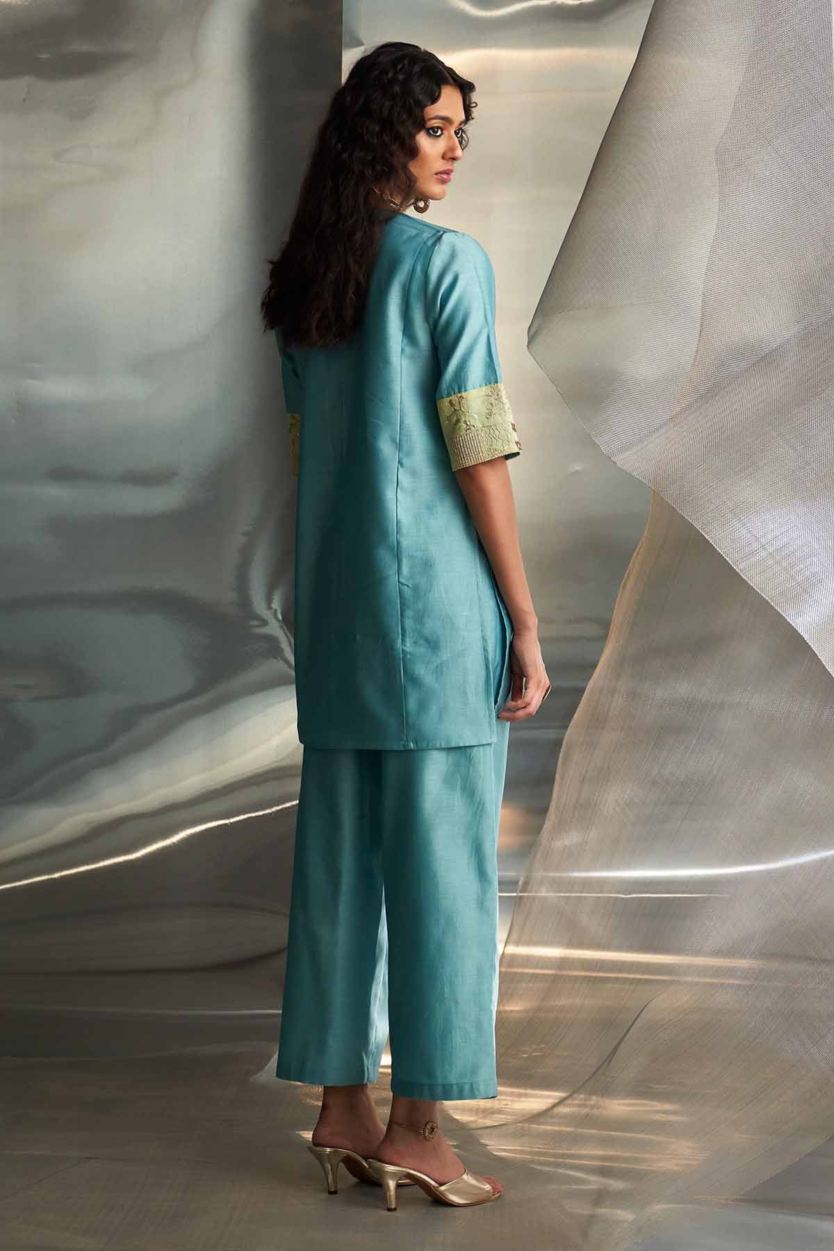 Blue Short Embroidered Kurta Set