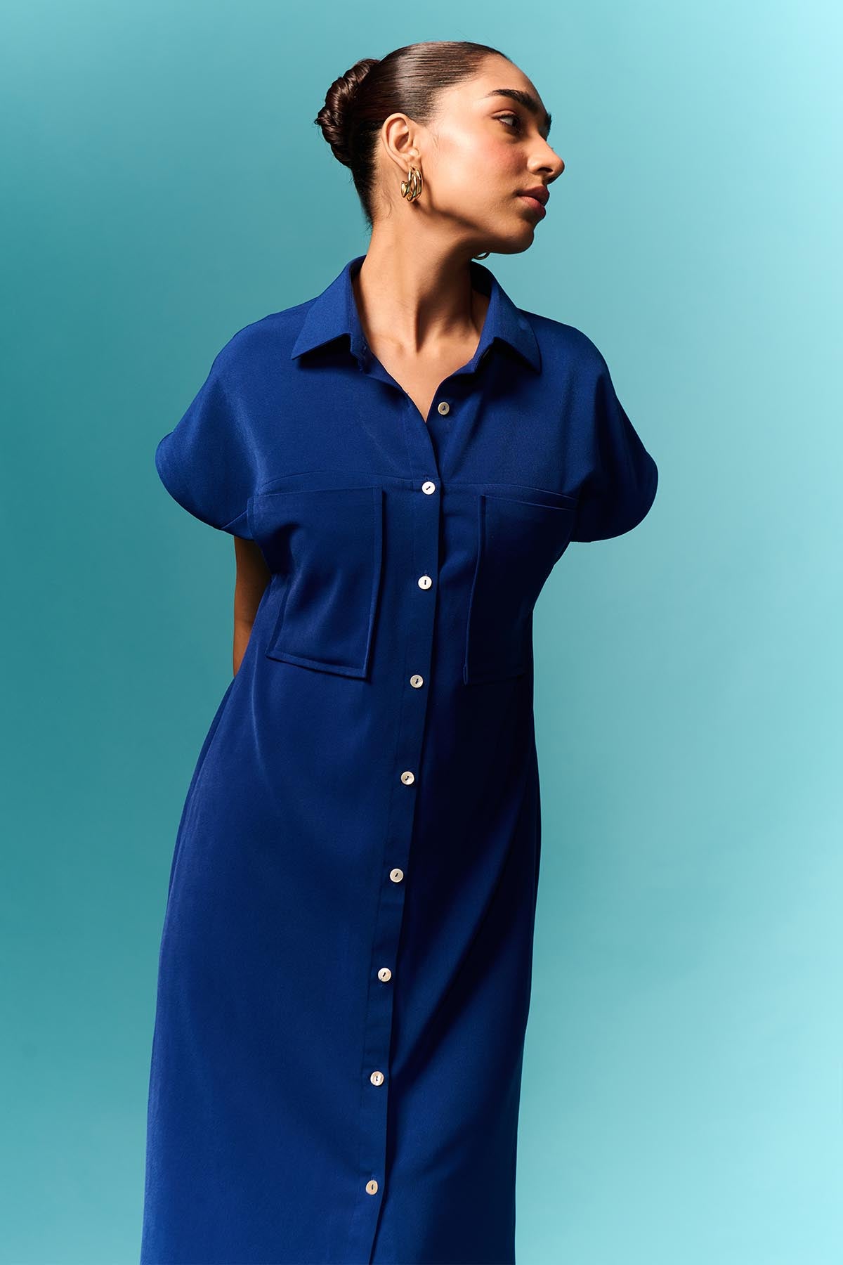 Blue Short Sleeves Shirt Dress