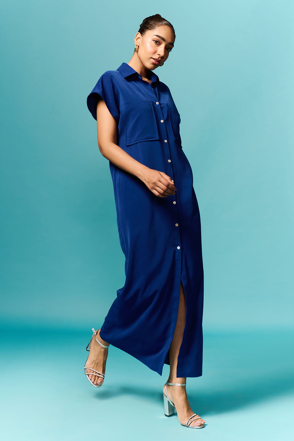 Blue Short Sleeves Shirt Dress
