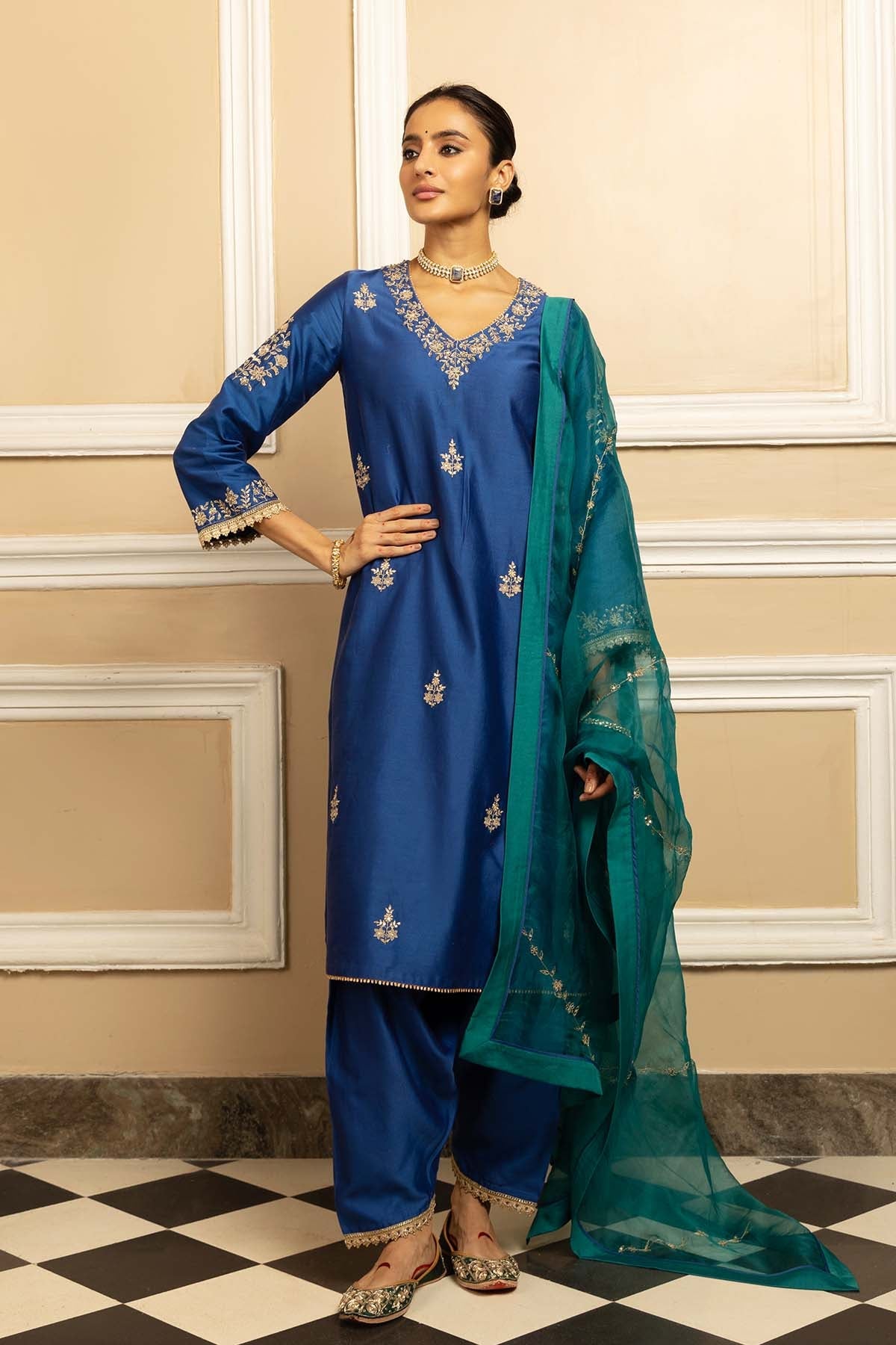 Buy Blue Silk Chanderi Salwar Set by Dohr India for women online at ScrollnShops