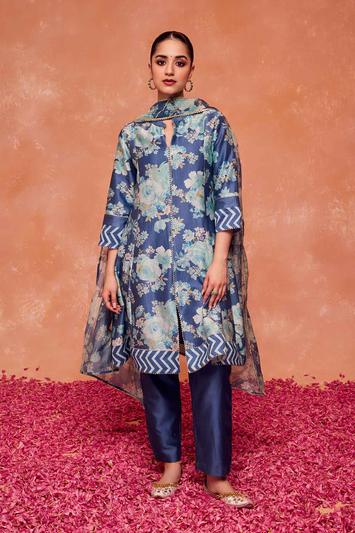 Buy Blue Silk Chanderi Kurta Set by Dohr India for women online at ScrollnShops