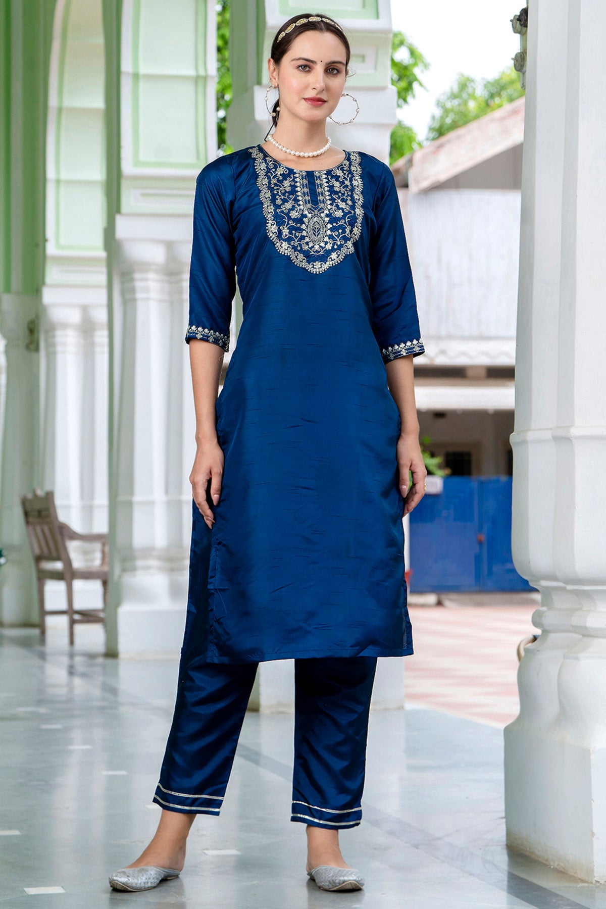 Blue Silk Embroidery Kurta Set