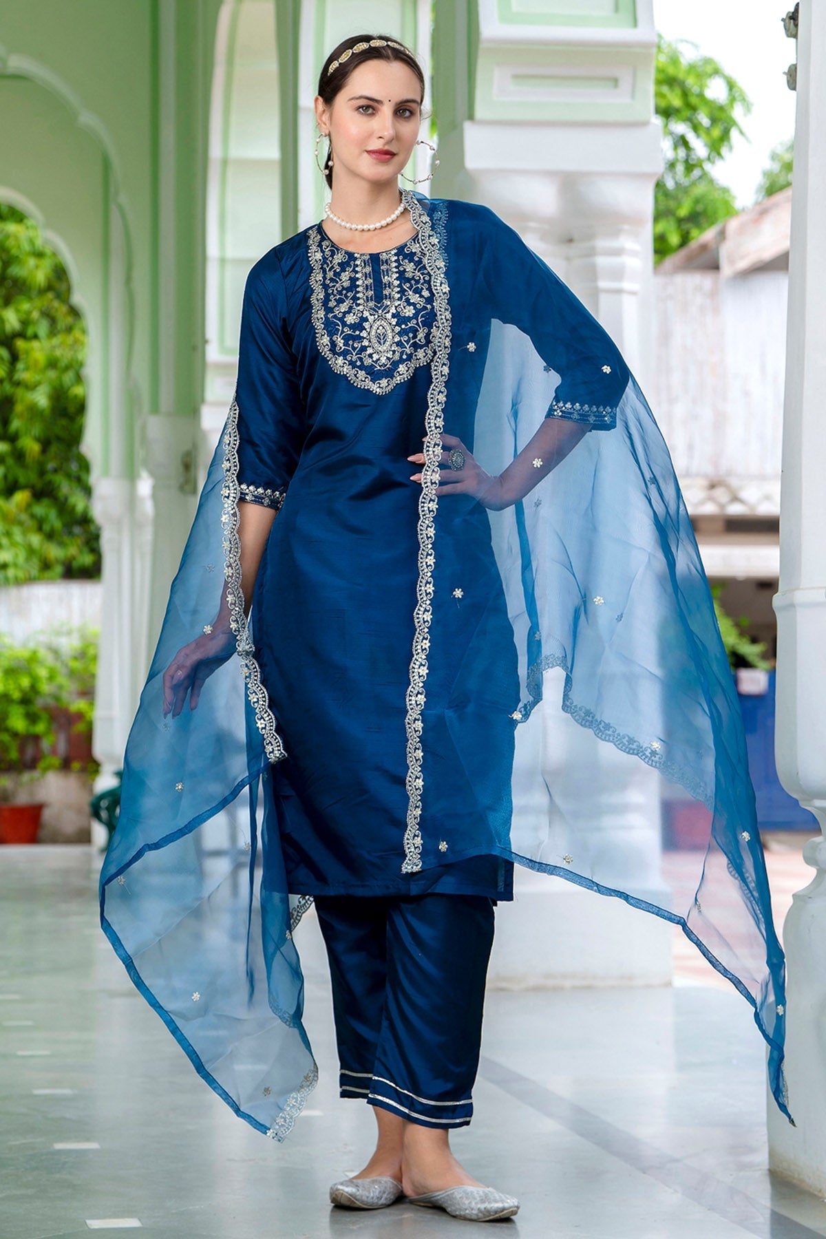 Buy Blue Silk Embroidery Kurta Set for women by Aastha Fashion online available at scrollnshops