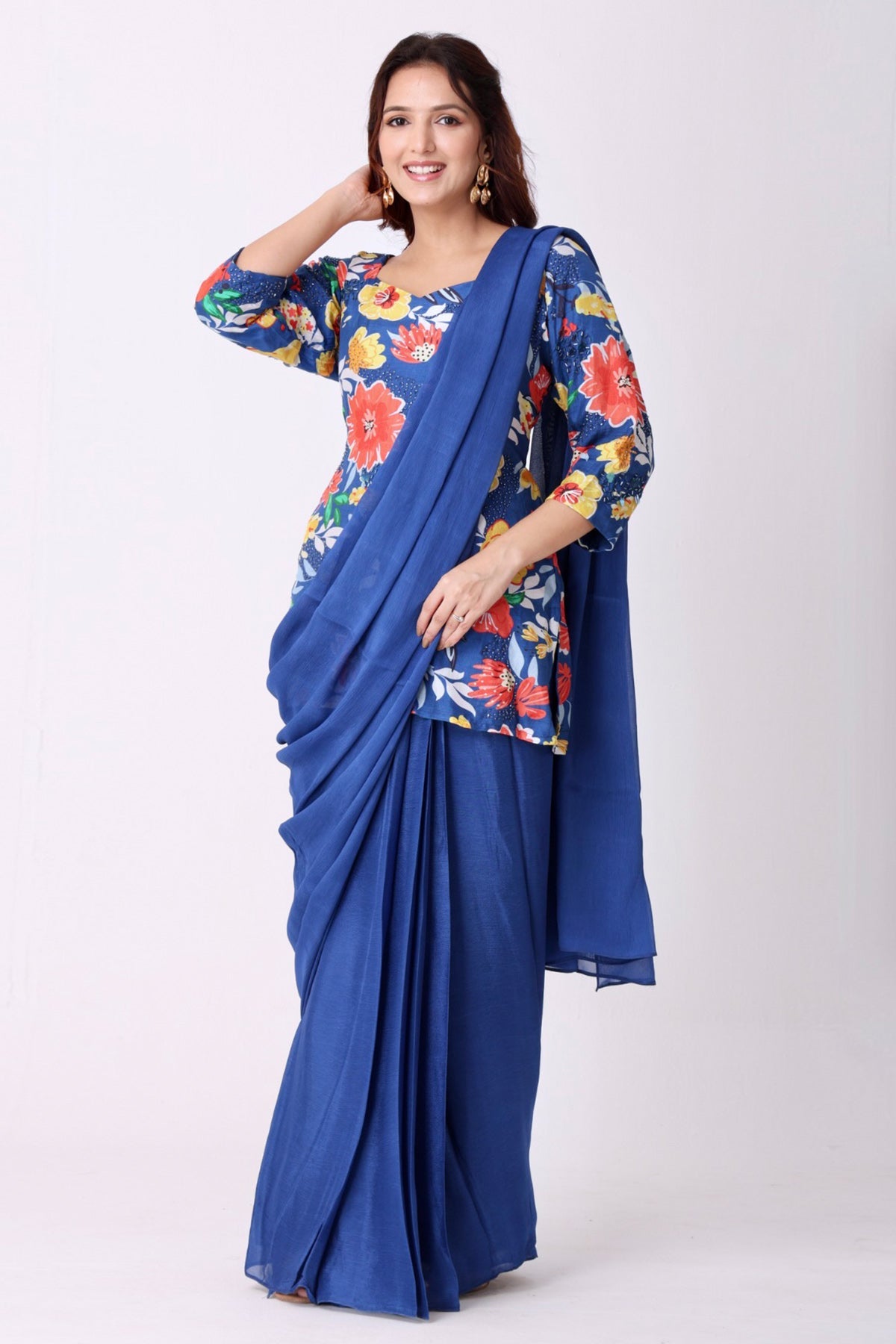 Buy Blue Silk Floral Work Saree Set for women by Namita Sharma Designer online available at scrollnshops