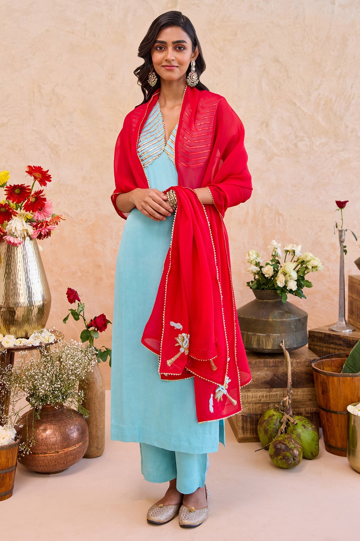 Buy Blue Silk Gota Patti Kurta Set for women by Taro India online available at scrollnshops