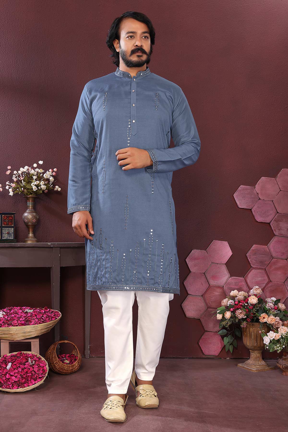 Buy Blue Silk Mirror Work Kurta Set for men by Jyoti Fashion online available at scrollnshops