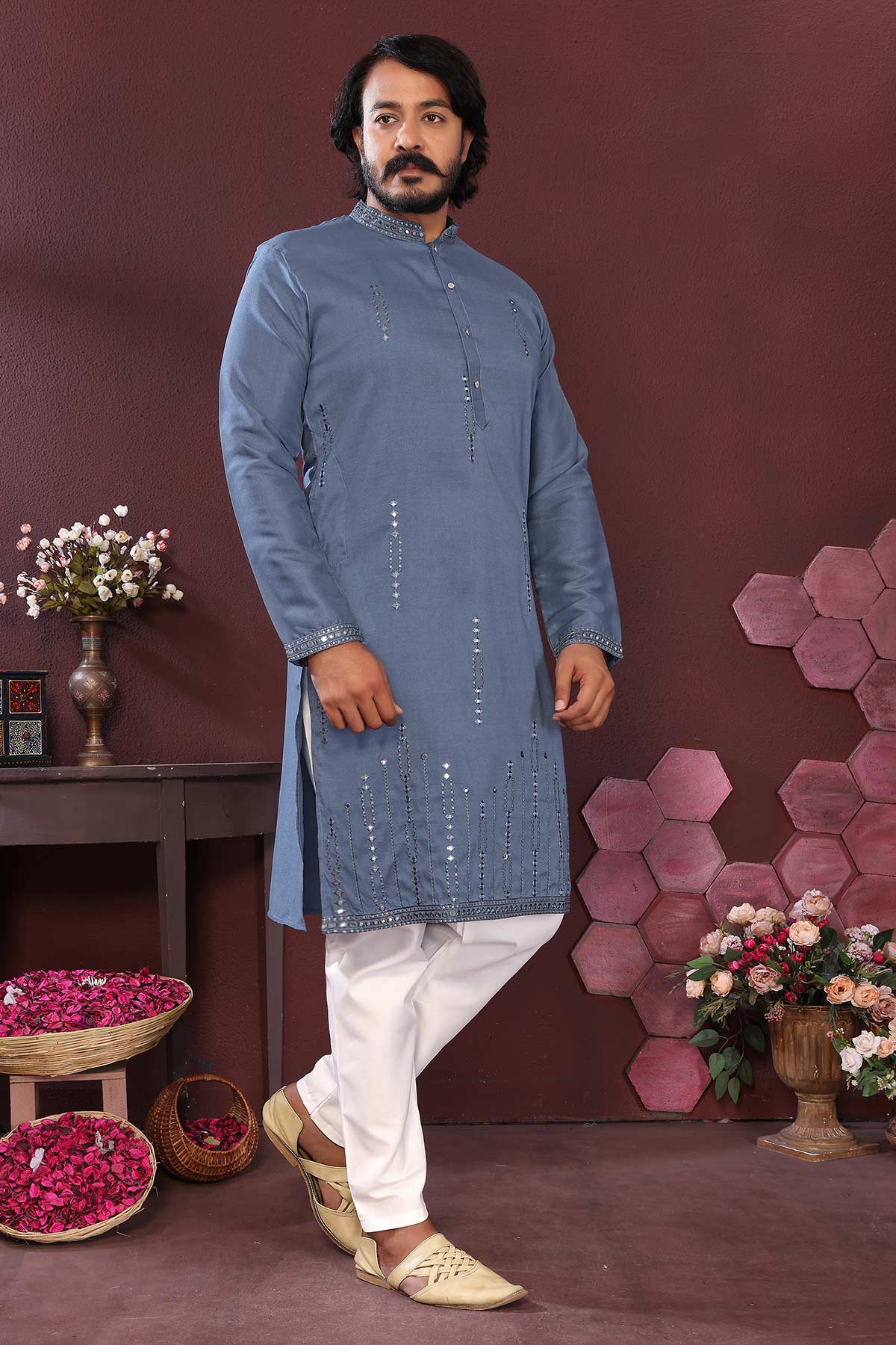 Blue Silk Mirror Work Kurta Set