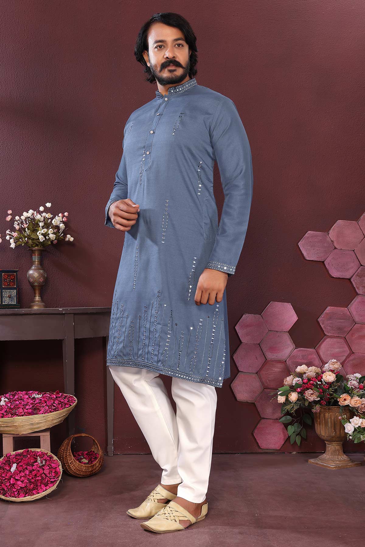 Blue Silk Mirror Work Kurta Set