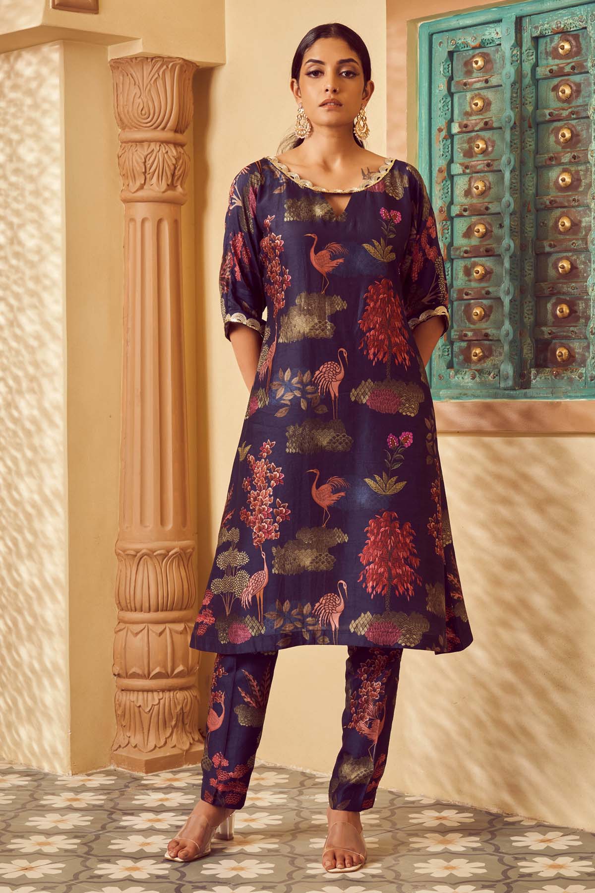 Megha Pitti Blue Silk Printed Kurta Set for women online at ScrollnShops