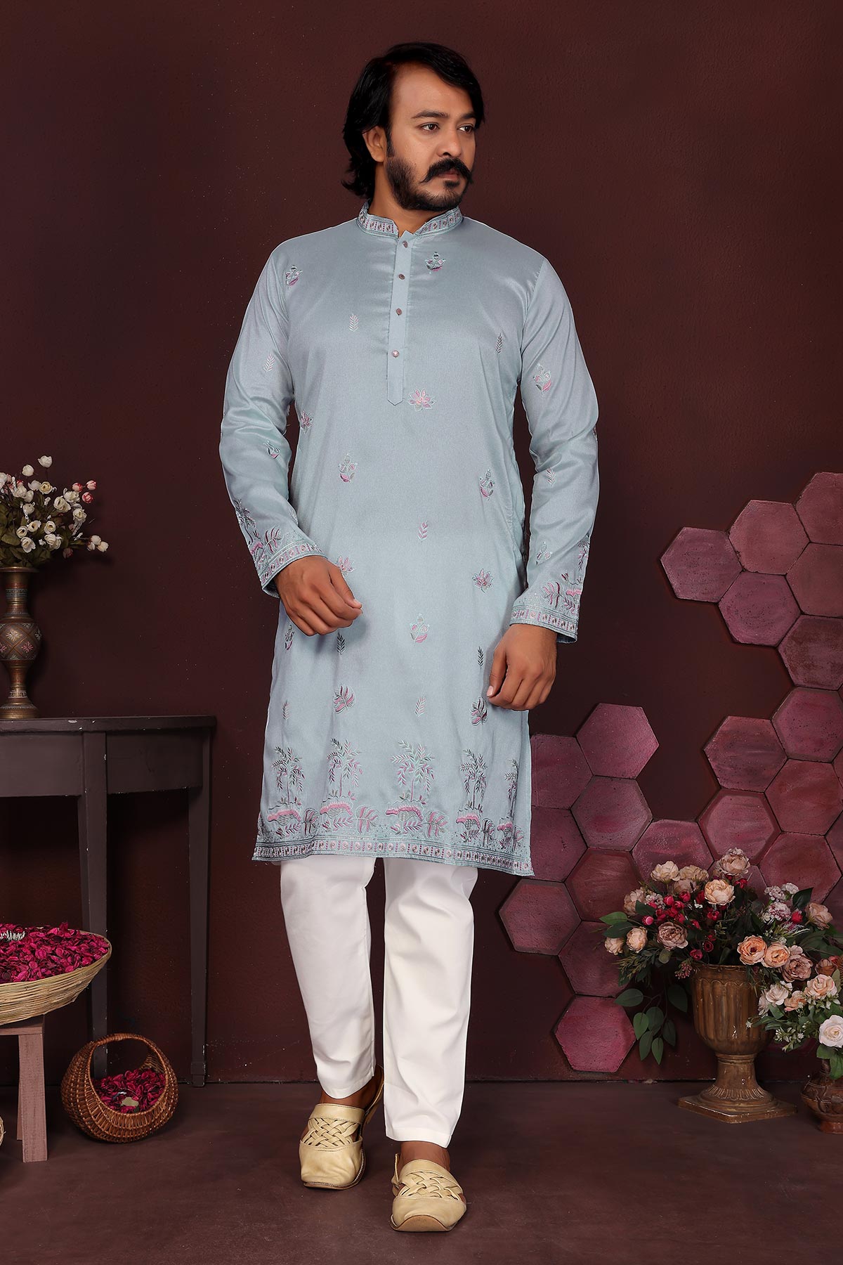 Buy Blue Silk Sequins Kurta & Pants for men by Jyoti Fashion online available at scrollnshops