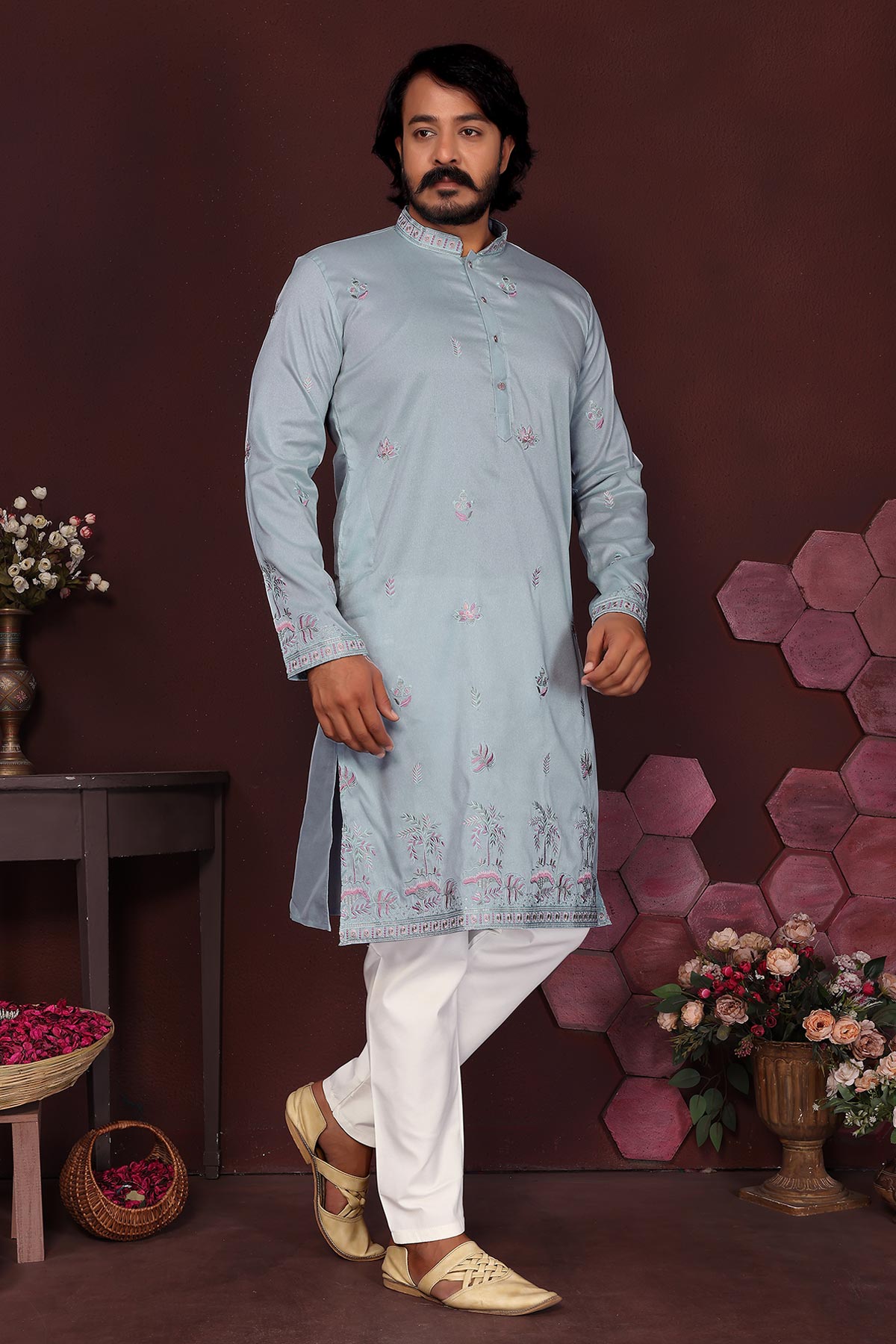 Blue Silk Sequins Kurta & Pants
