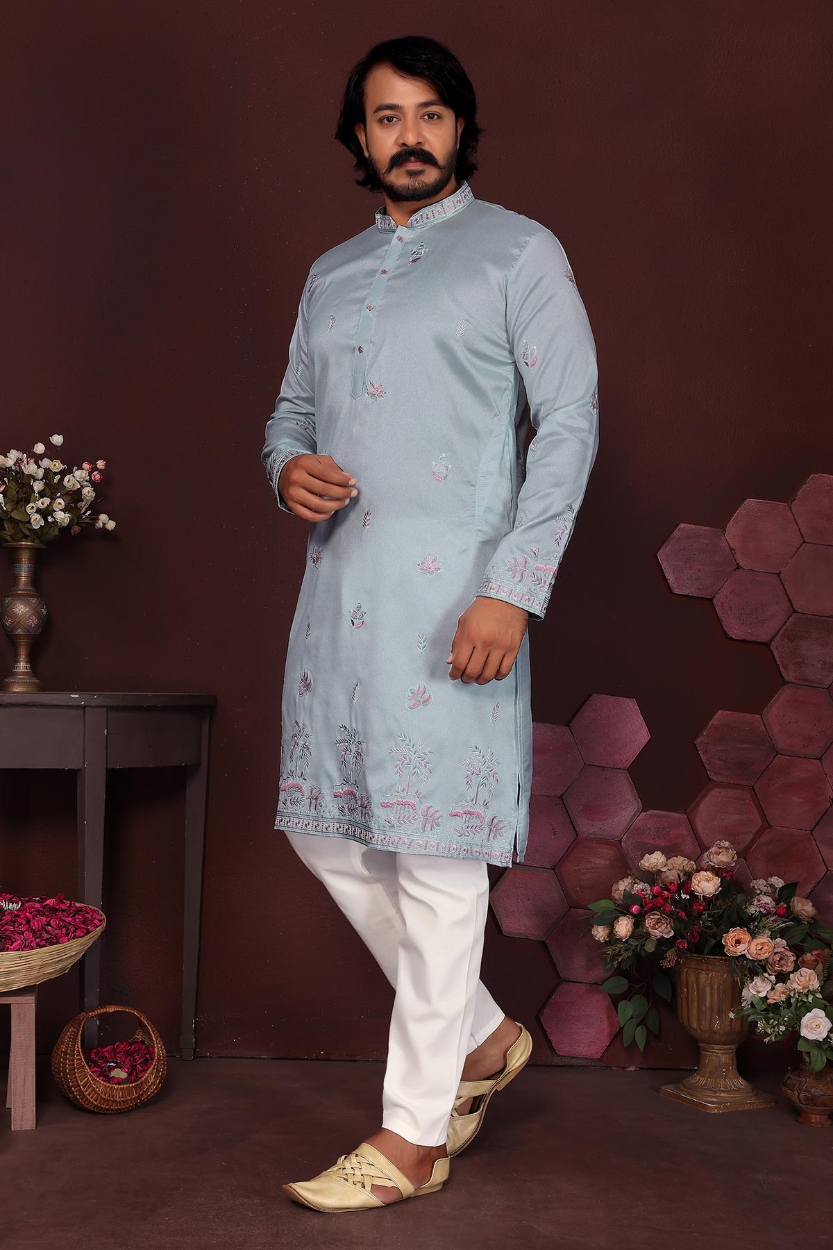 Blue Silk Sequins Kurta & Pants