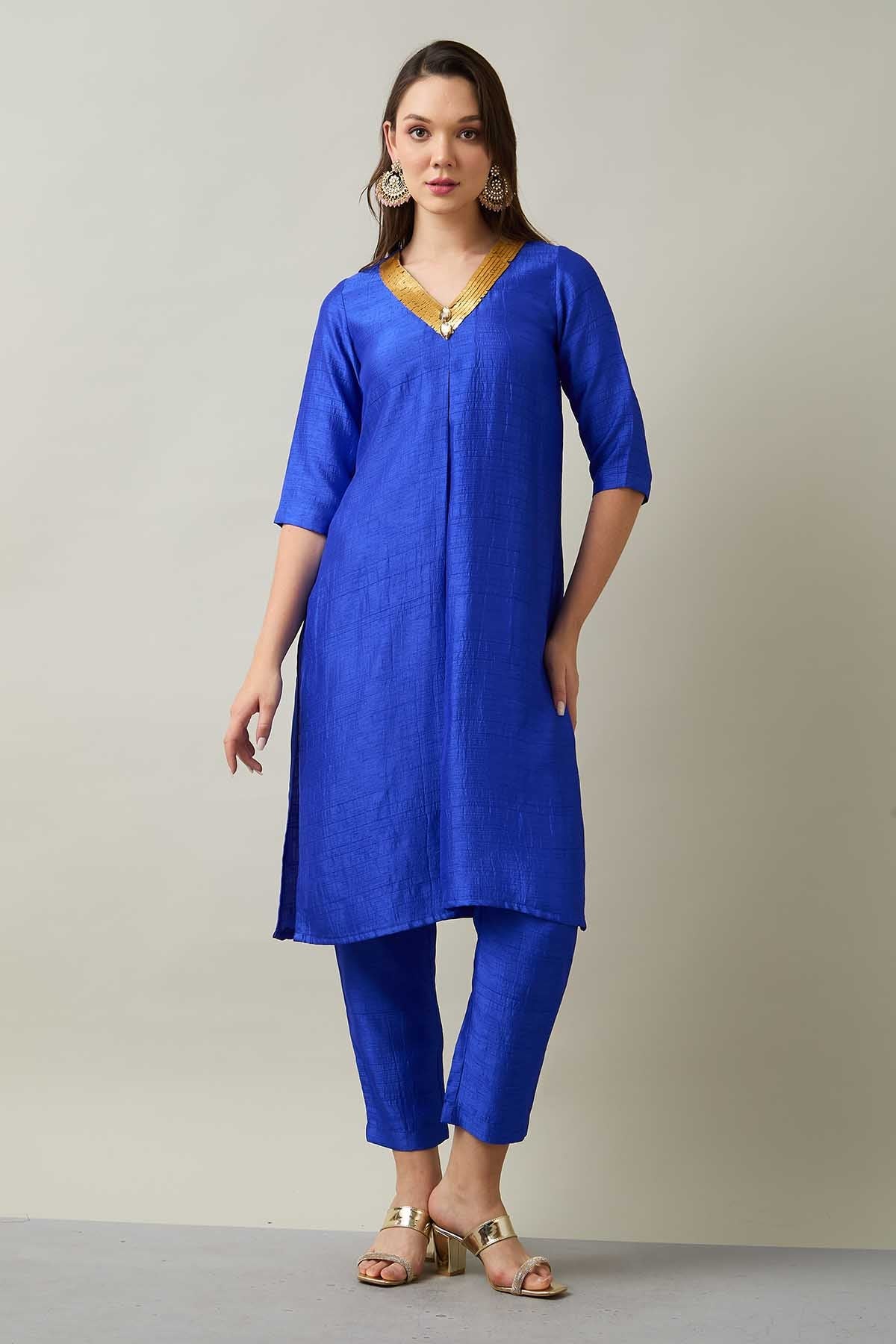 Buy Blue Silk Straight Kurta Set by SNEHA B for women online at ScrollnShops