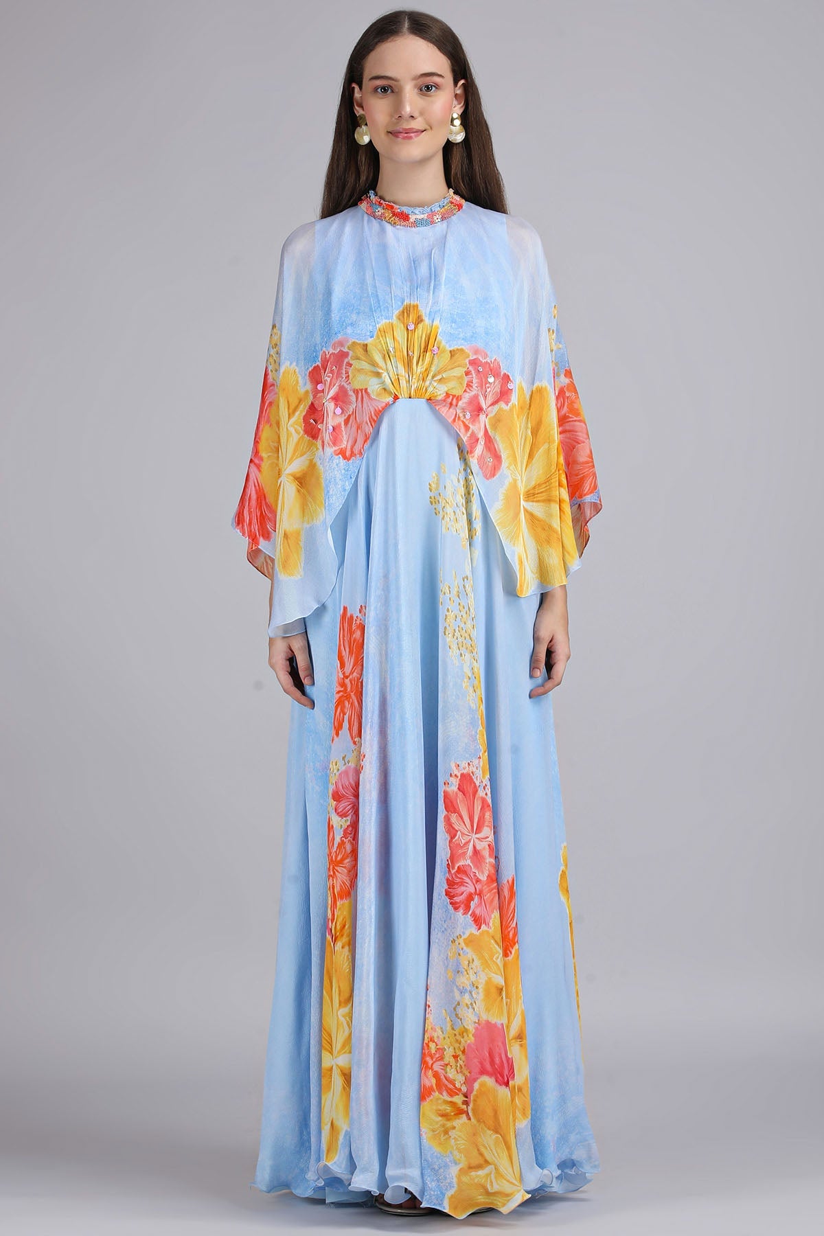 Buy Blue Sky Base Print Cape Dress for women by Mandira Wirk online available at scrollnshops