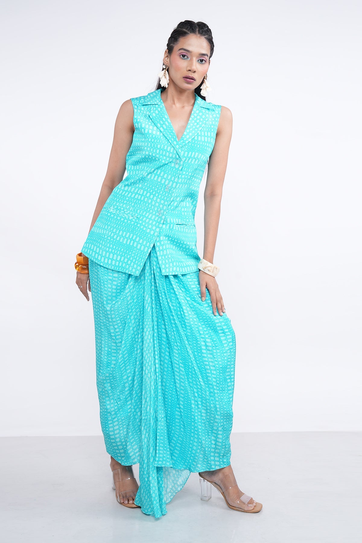 Buy Blue Sleeveless Blazer & Skirt by Demira for women online at ScrollnShops