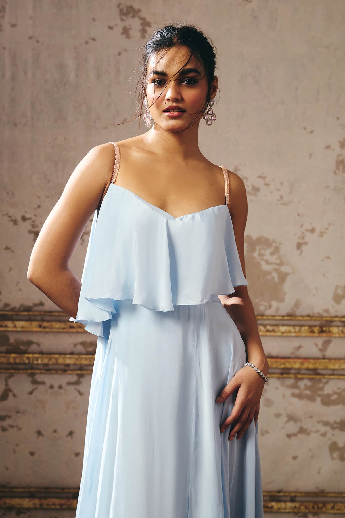 Blue Sleeveless Layered Gown