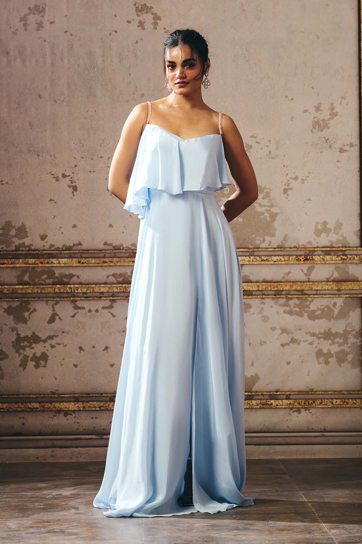 Blue Sleeveless Layered Gown