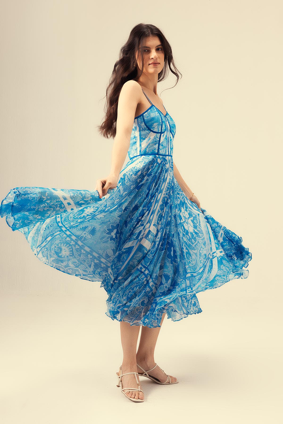 Blue Sleeveless Printed Dress