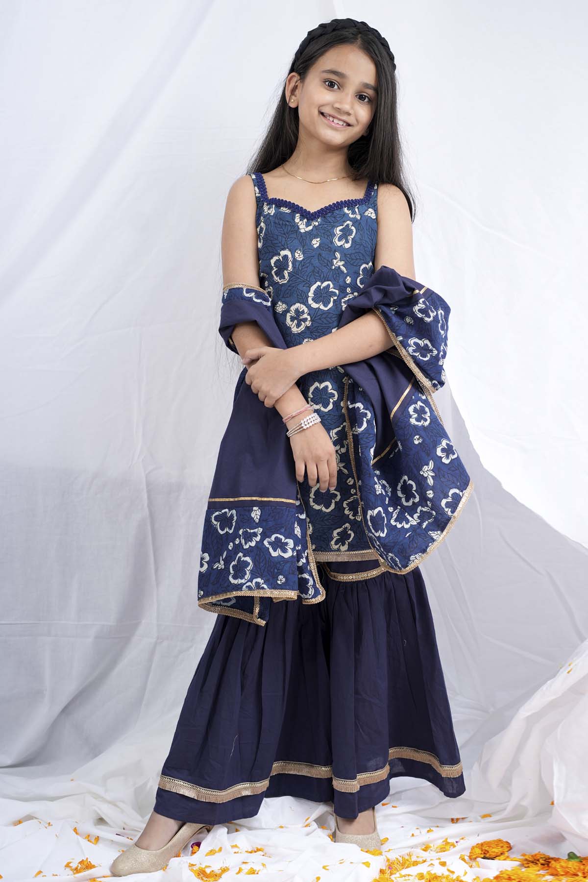 Charu Bhaskar - Kids Blue Sleeveless Short Kurta Set for girl online at ScrollnShops