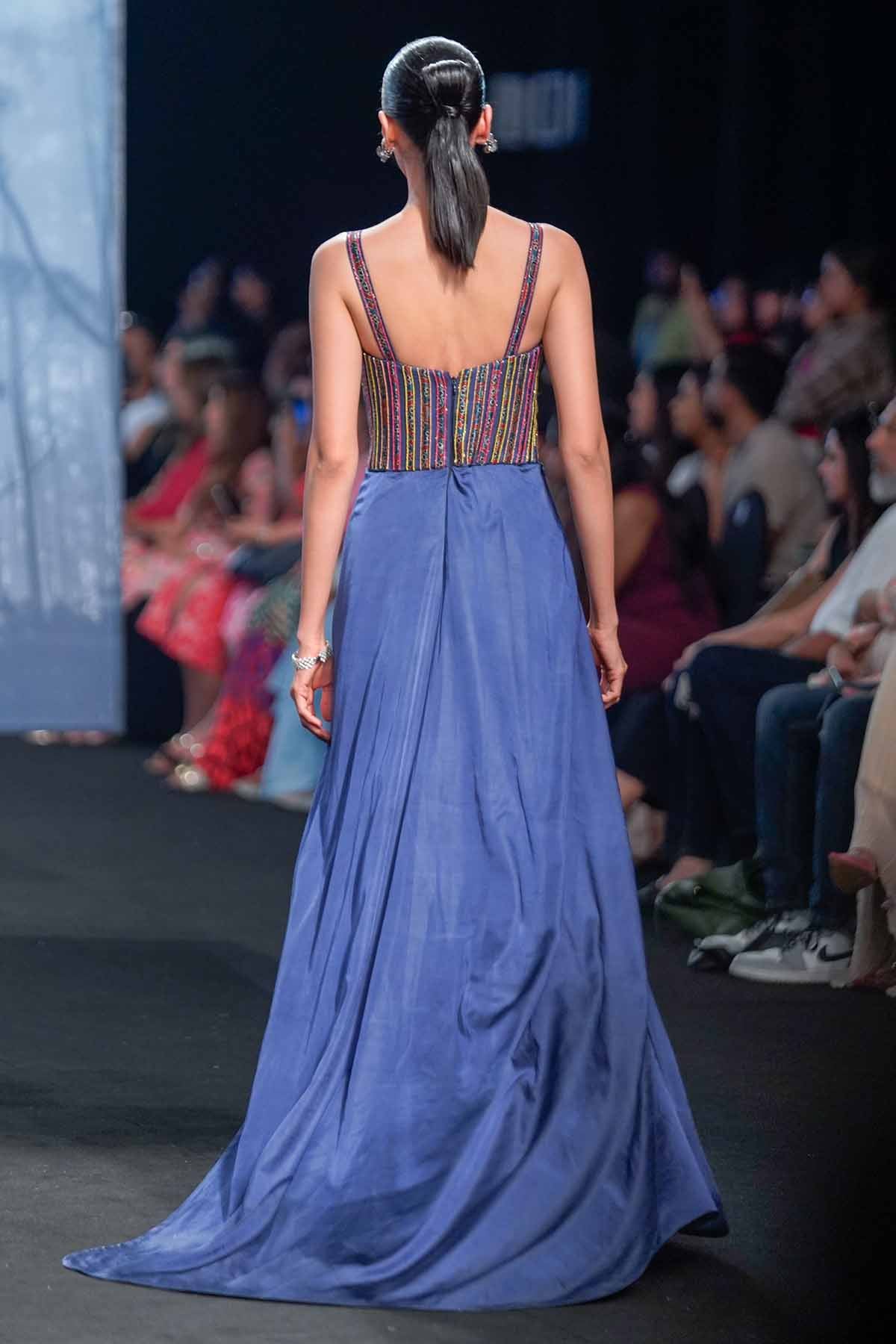 Blue Sleeveless Stripwork Gown