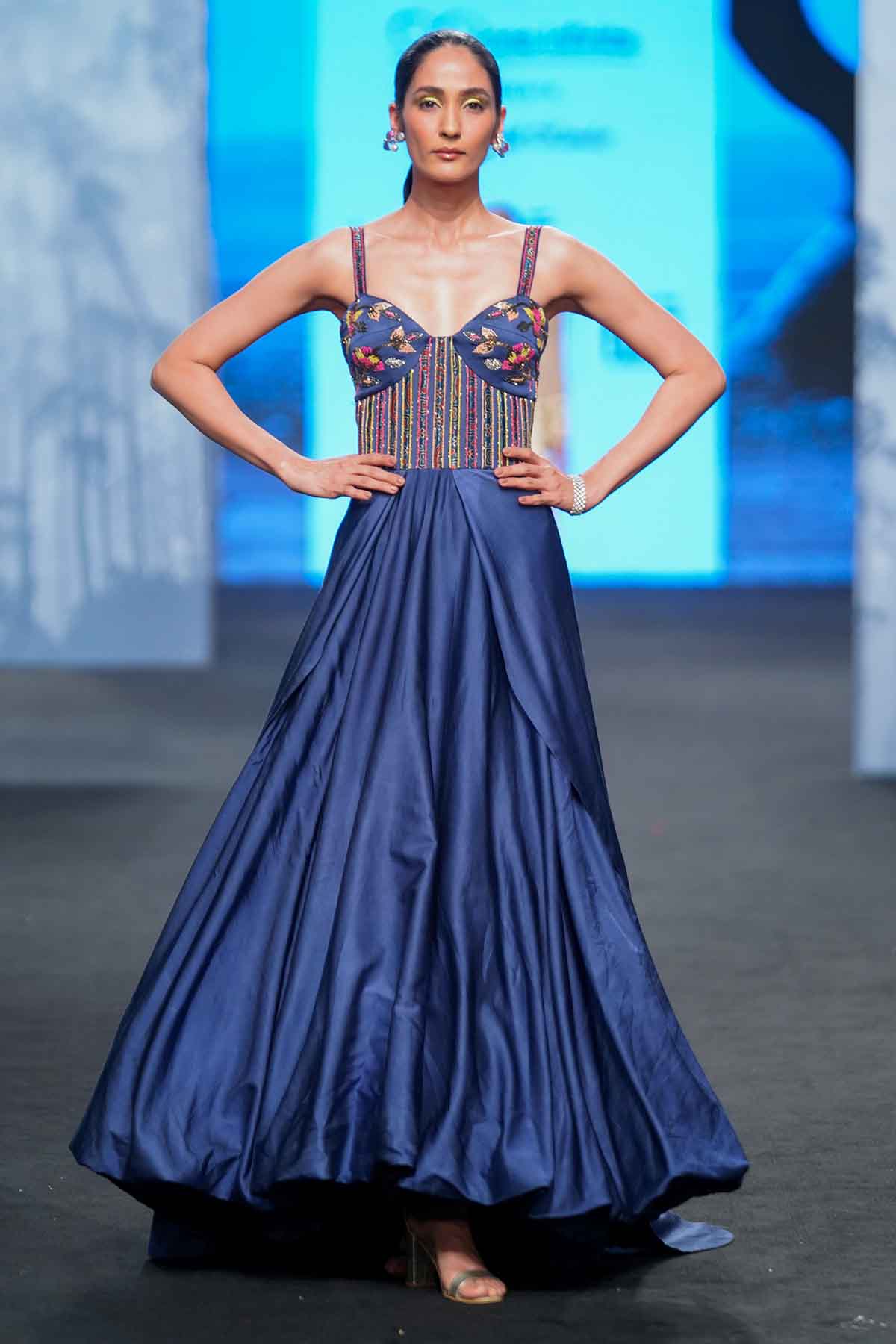 Blue Sleeveless Stripwork Gown