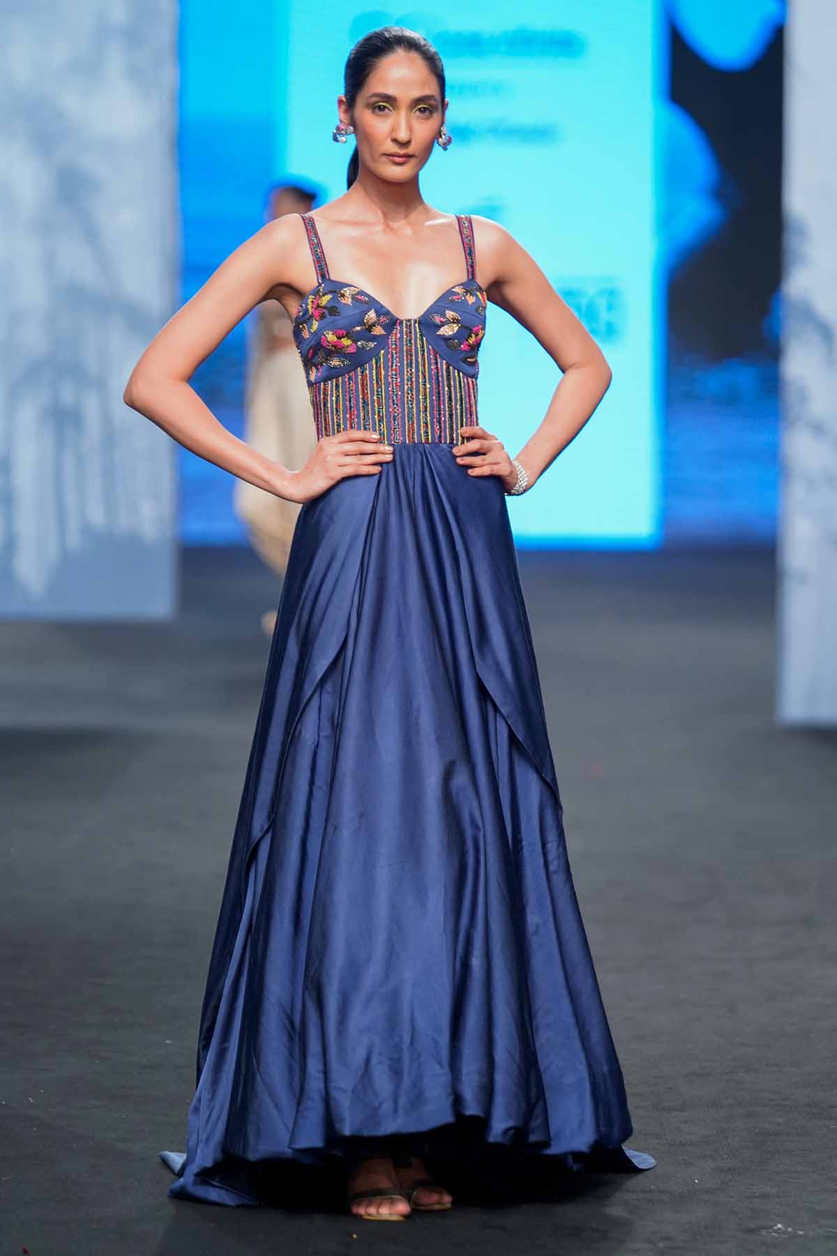 Buy Blue Sleeveless Stripwork Gown by Sejal Kamdar for women online at ScrollnShops