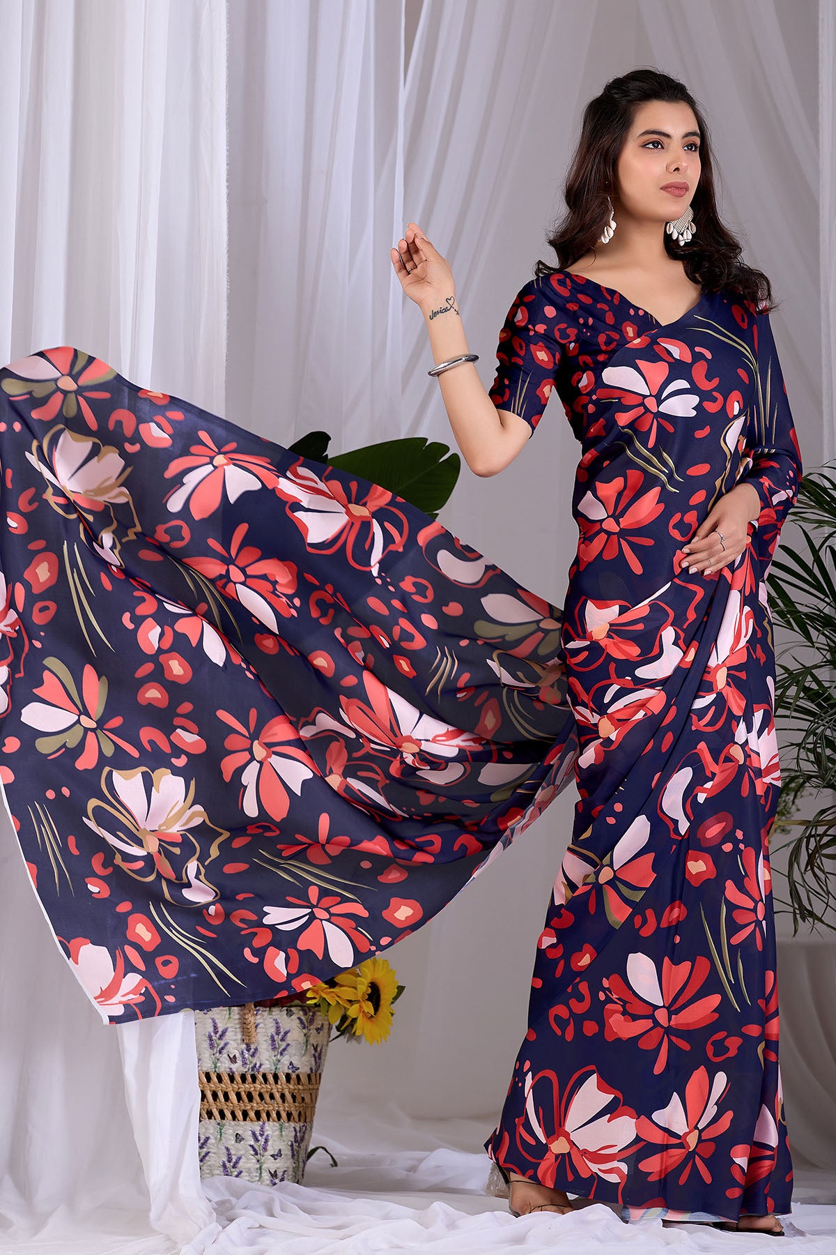 Blue Soft Satin Printed Saree