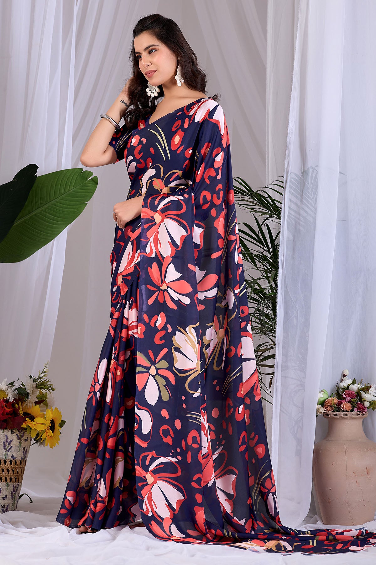 Blue Soft Satin Printed Saree