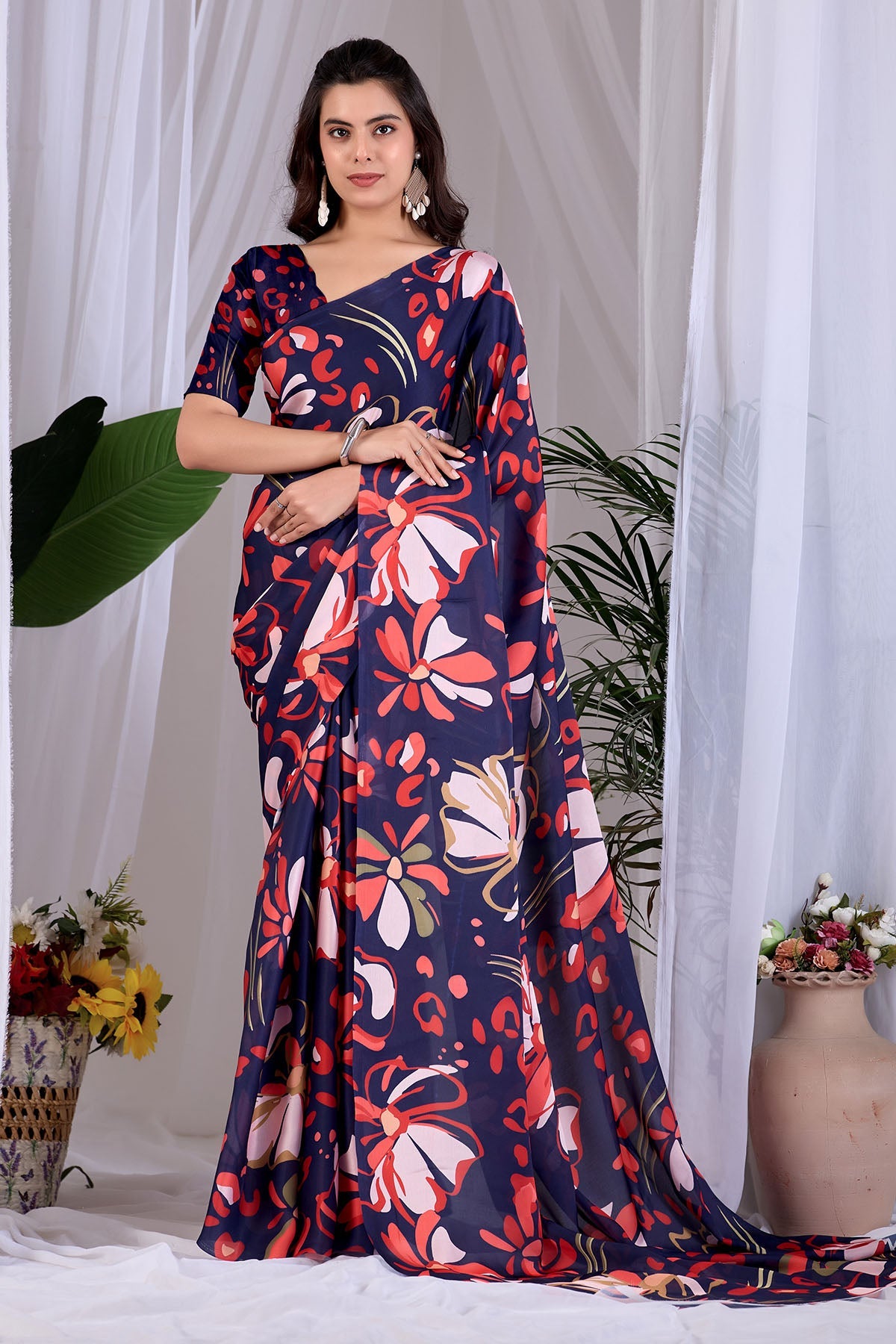 Buy Blue Soft Satin Printed Saree for women by Aastha Fashion online available at scrollnshops