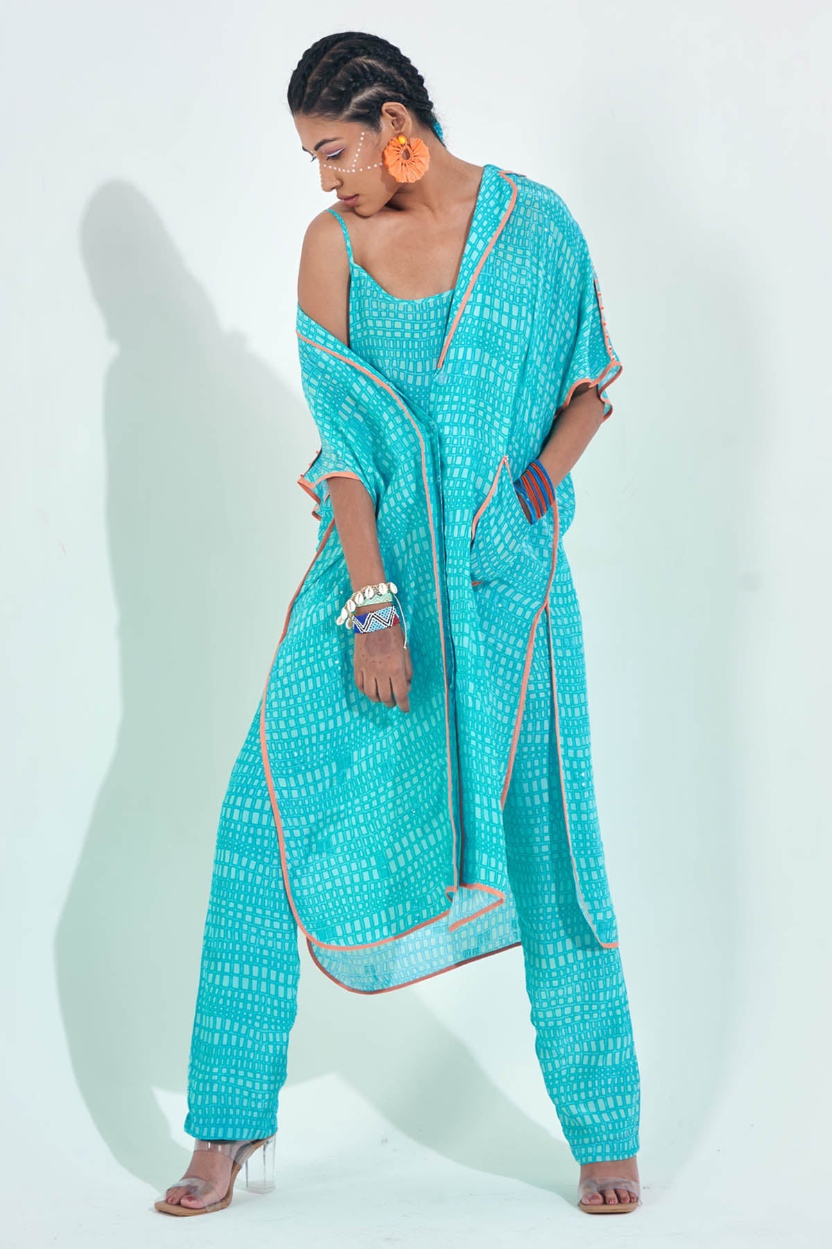 Demira Blue Spaghetti Top & Print Pants for women online at ScrollnShops