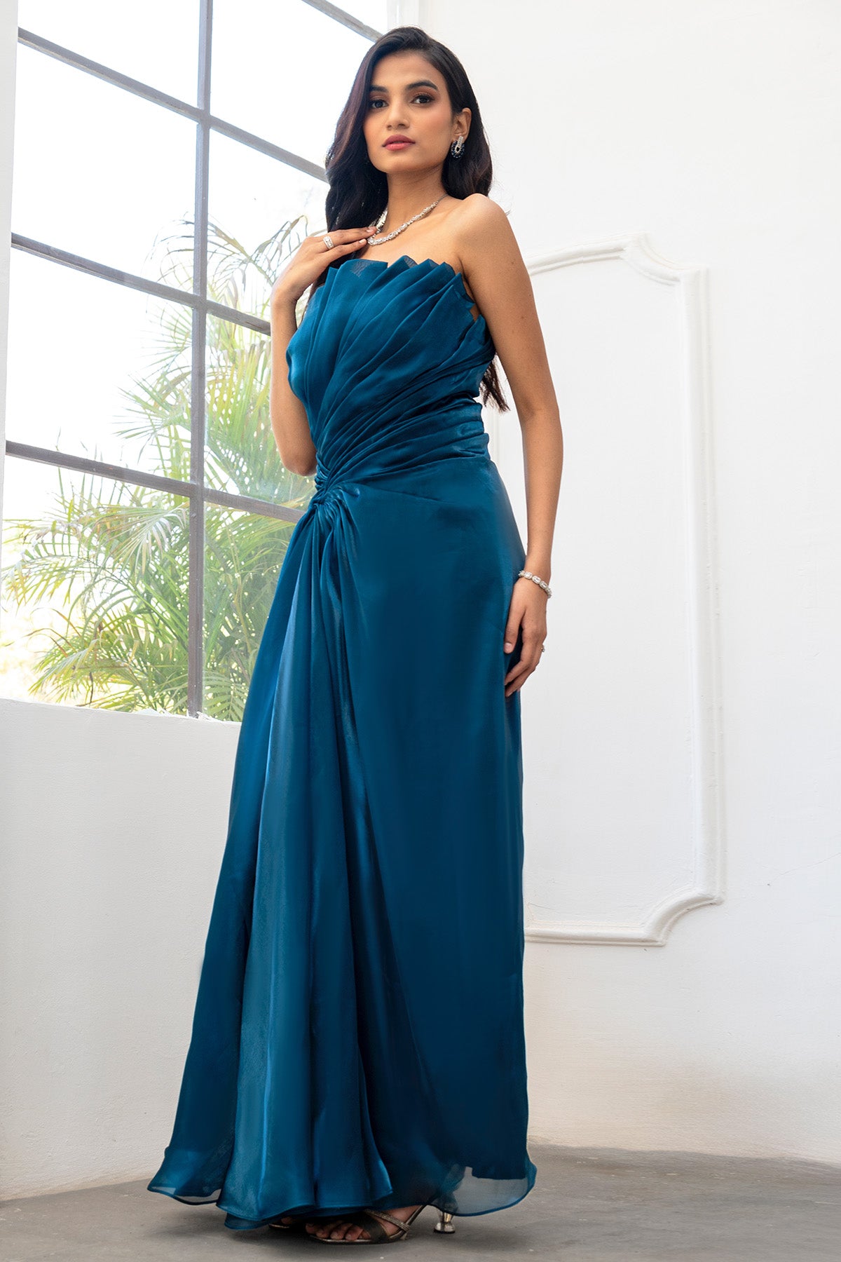 Blue Strapless Pleated Gown