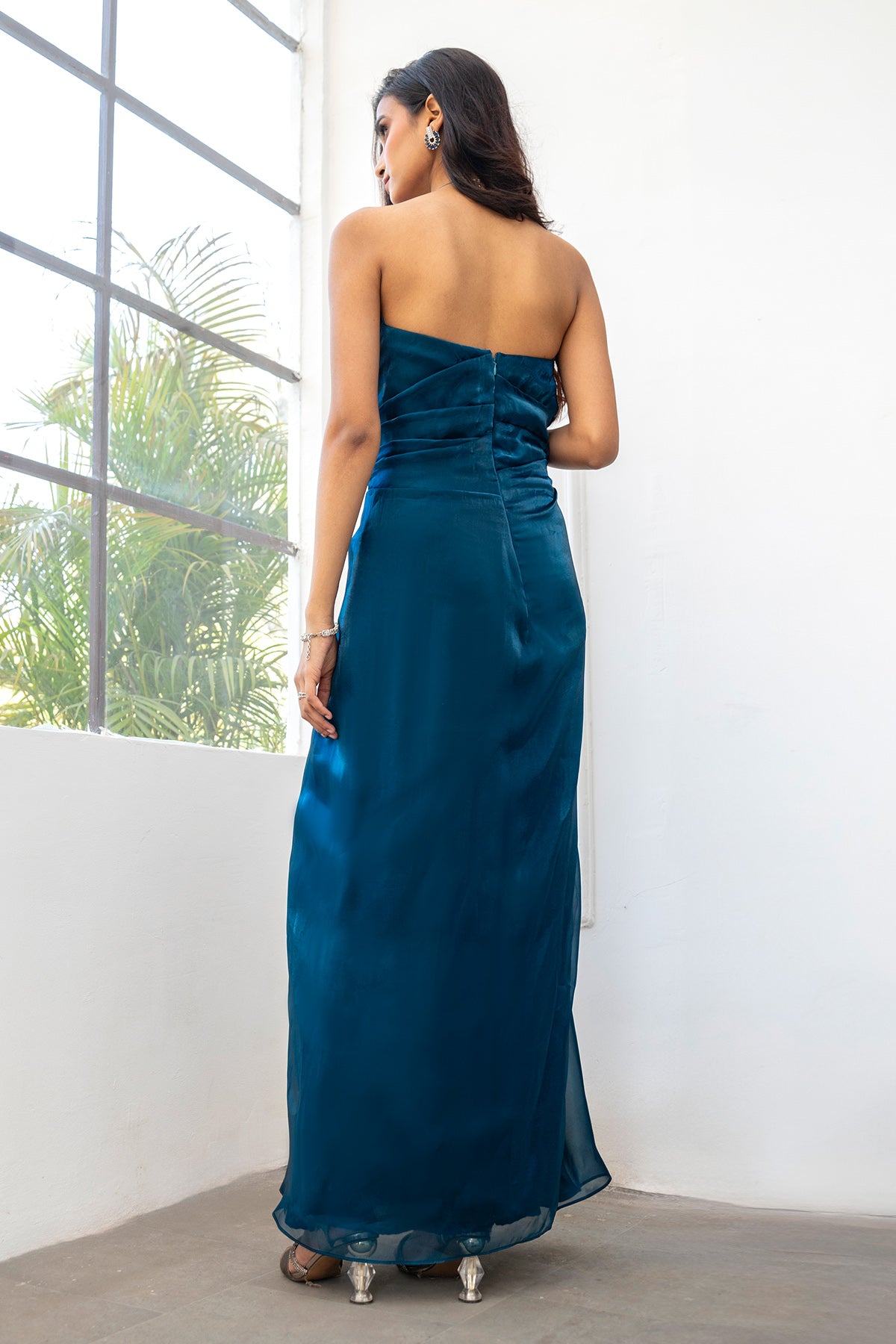 Blue Strapless Pleated Gown