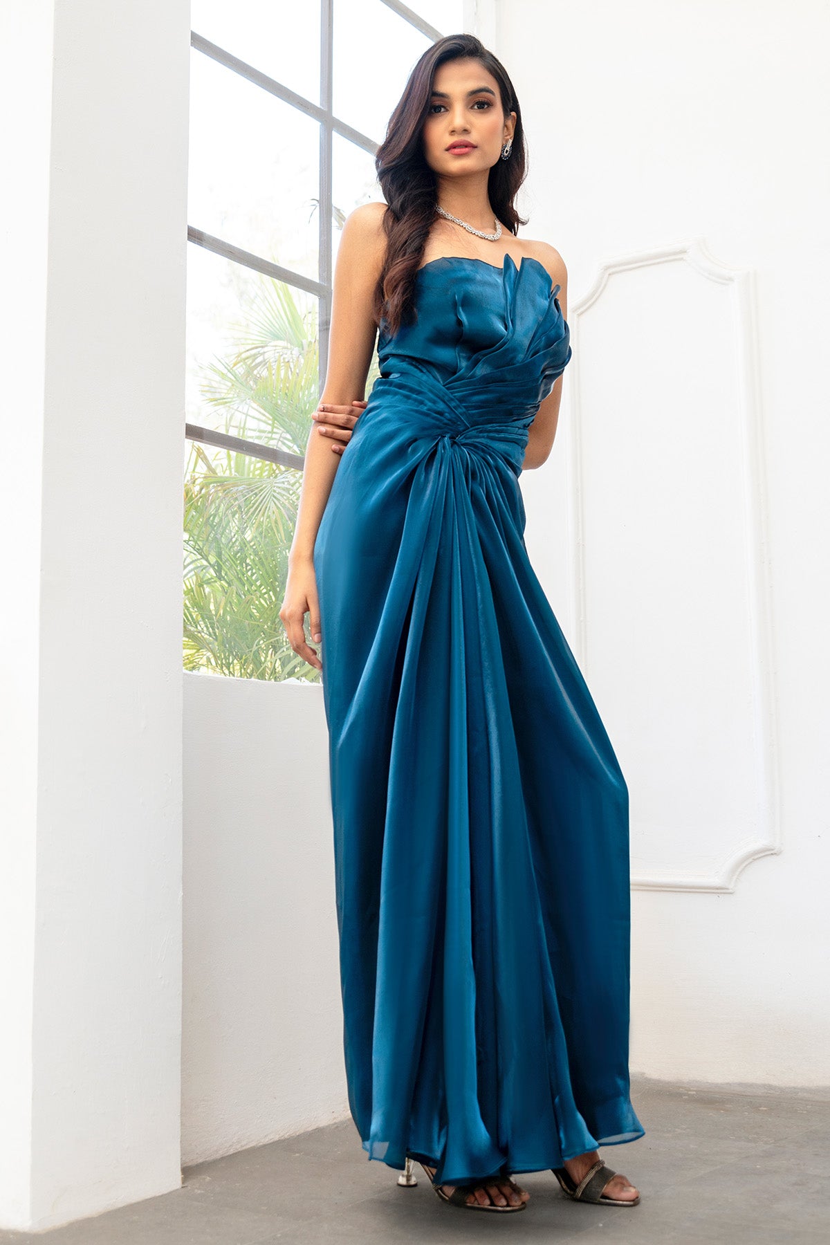 Blue Strapless Pleated Gown
