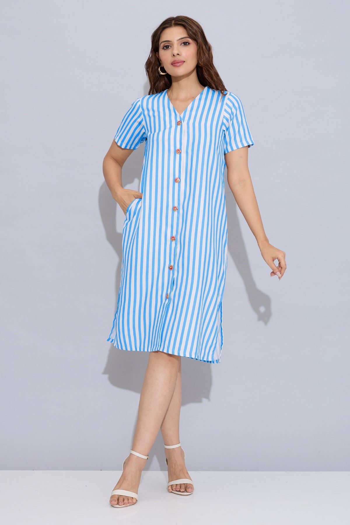 Buy Blue Stripe Button Down Dress for Women by SNEHA B Designer online available at scrollnshops