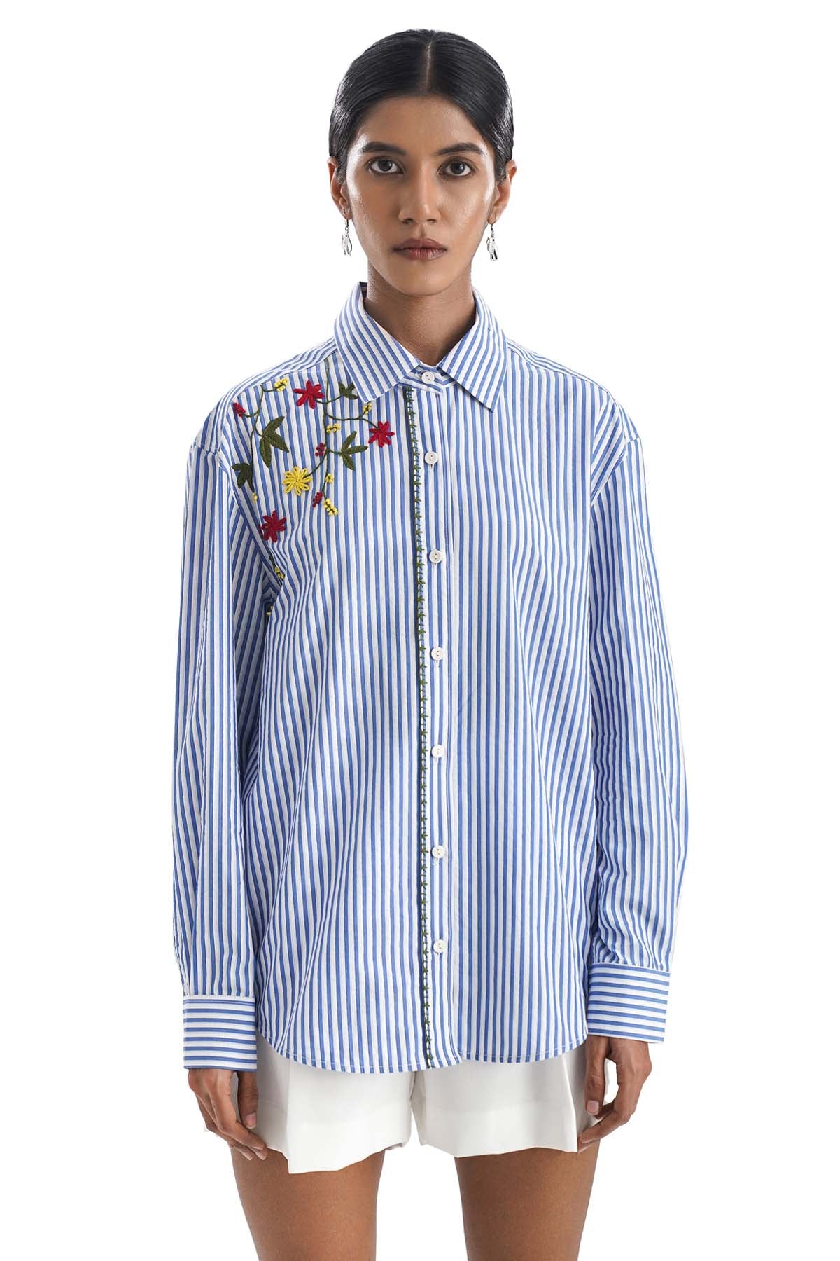 Blue Stripe Embroidered Shirt