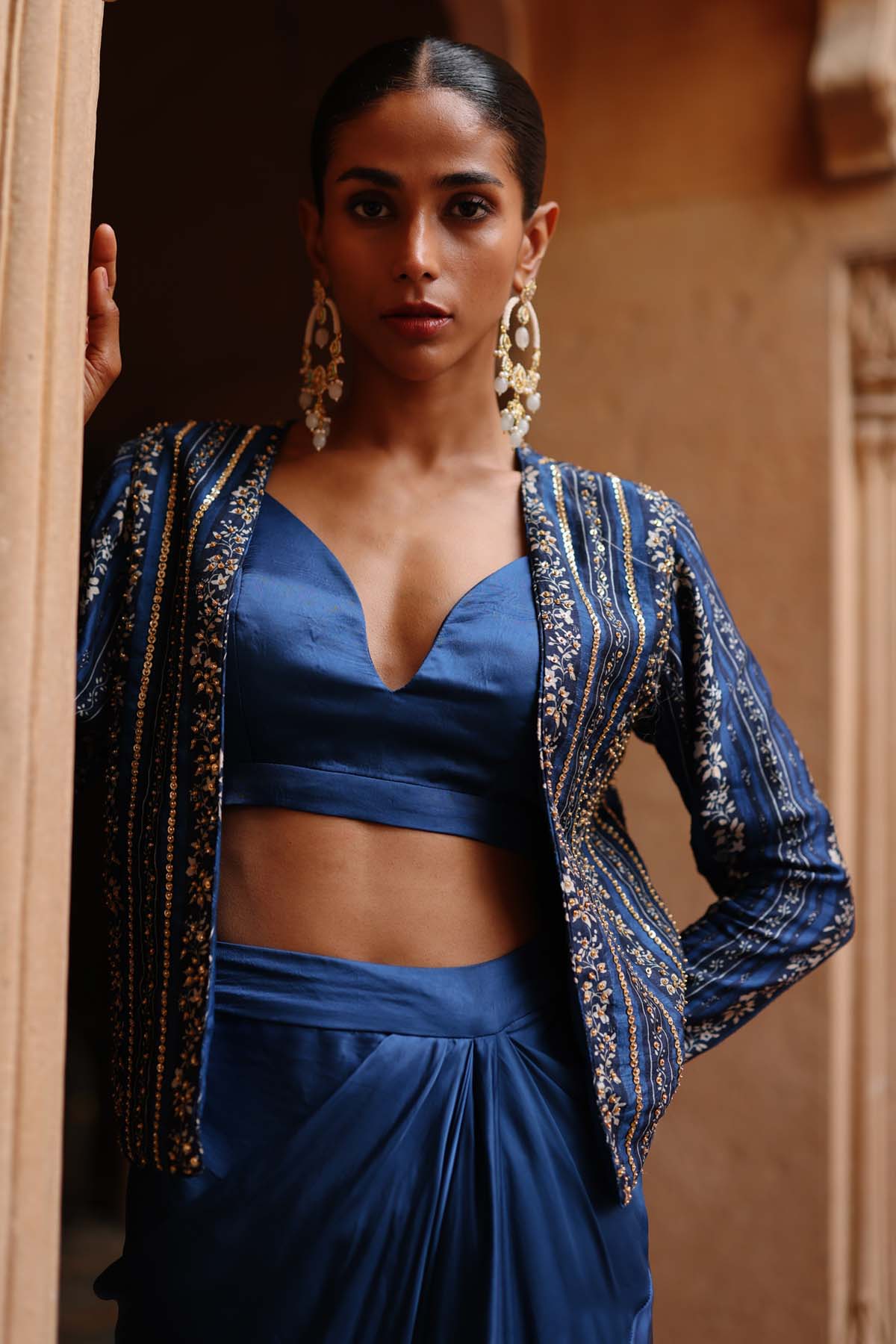 Blue Stripe Printed Jacket Set