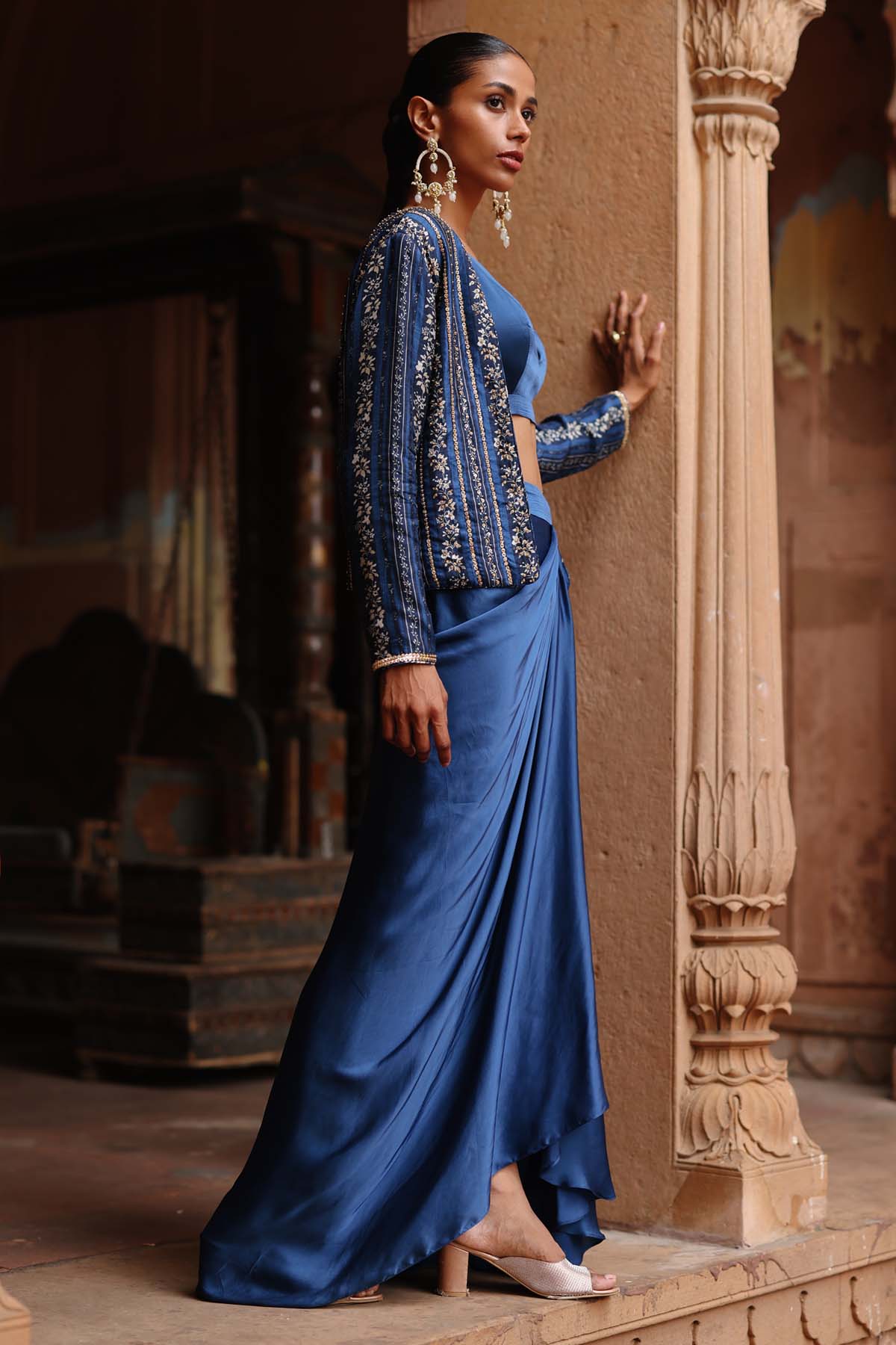 Blue Stripe Printed Jacket Set