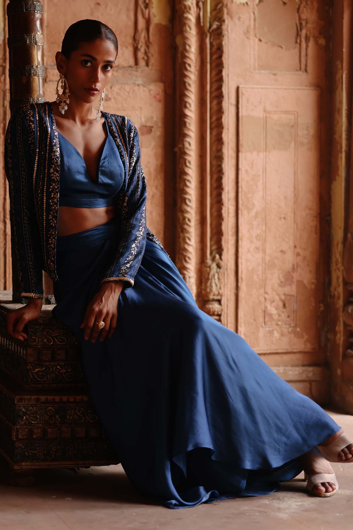 Blue Stripe Printed Jacket Set