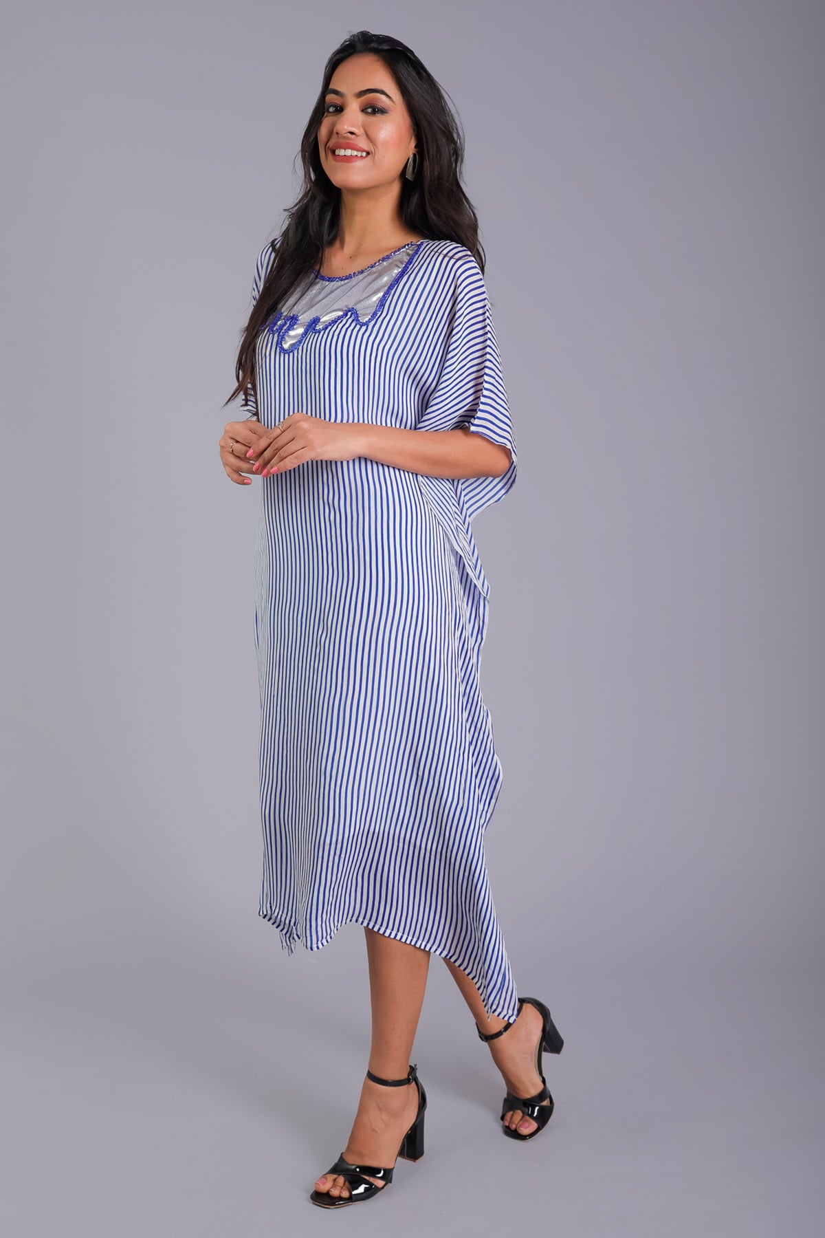 Blue Striped Knee-Length Kaftan