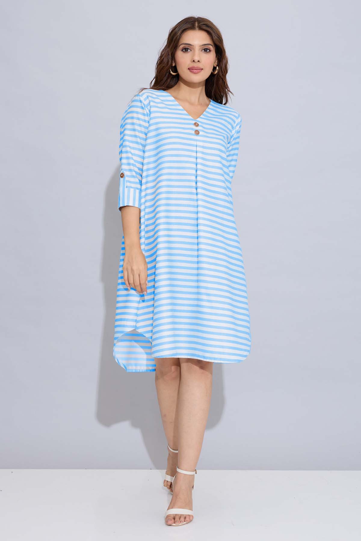 Buy Blue Stripes Box Pleated Dress for Women by SNEHA B Designer online available at scrollnshops