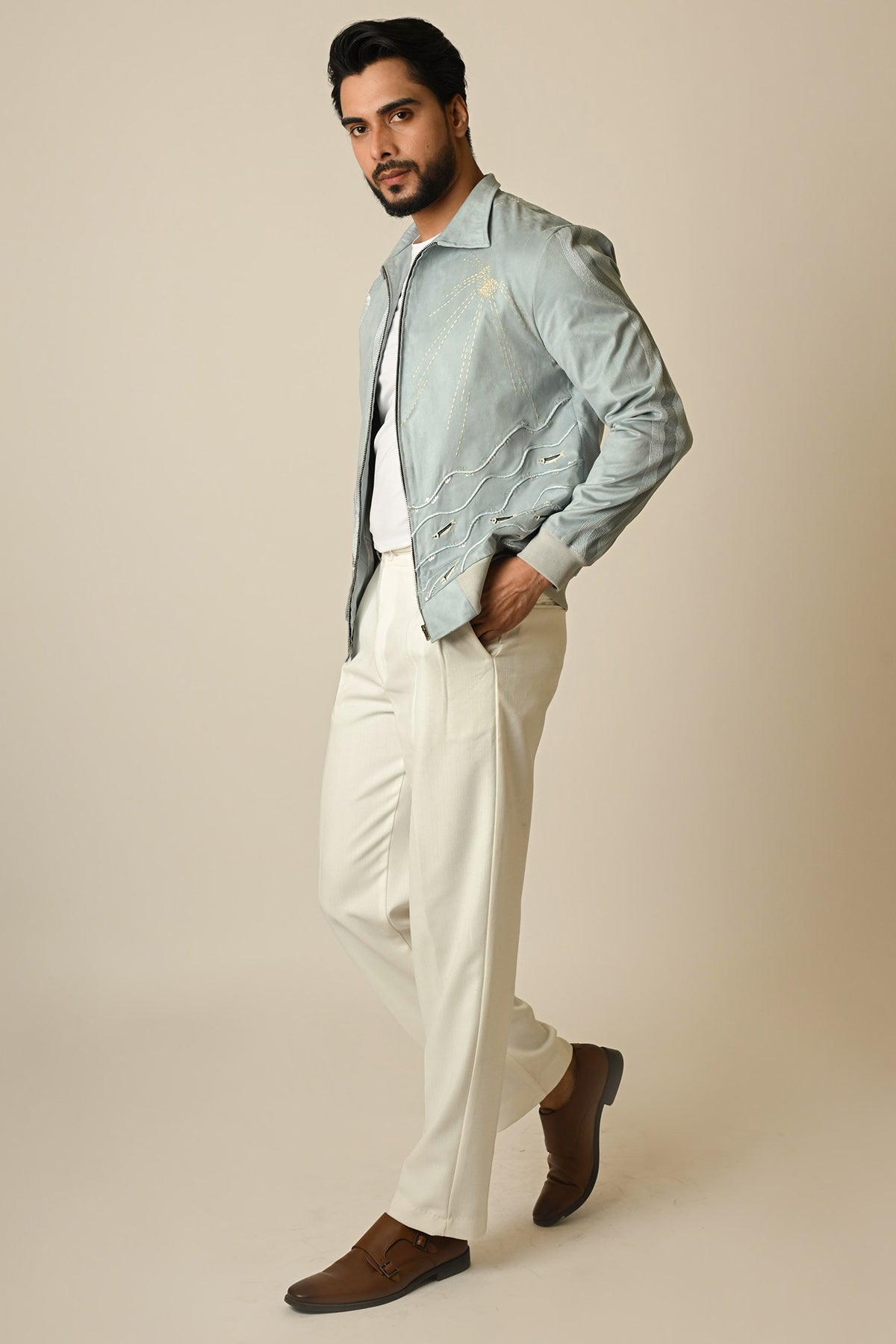 Blue Suede Embroidered Jacket