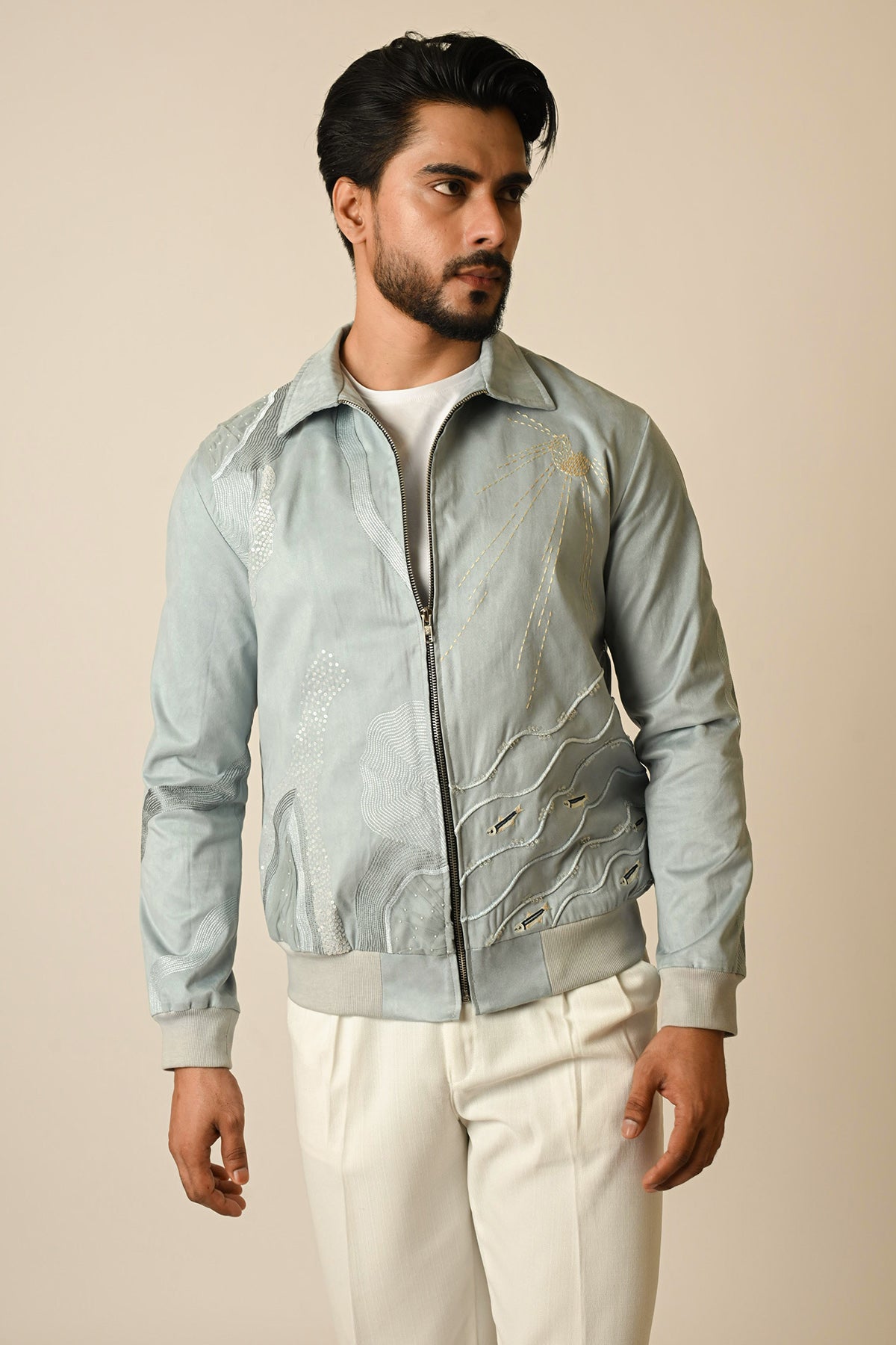 Buy Blue Suede Embroidered Jacket for men by Paarsh Atelier online available at scrollnshops