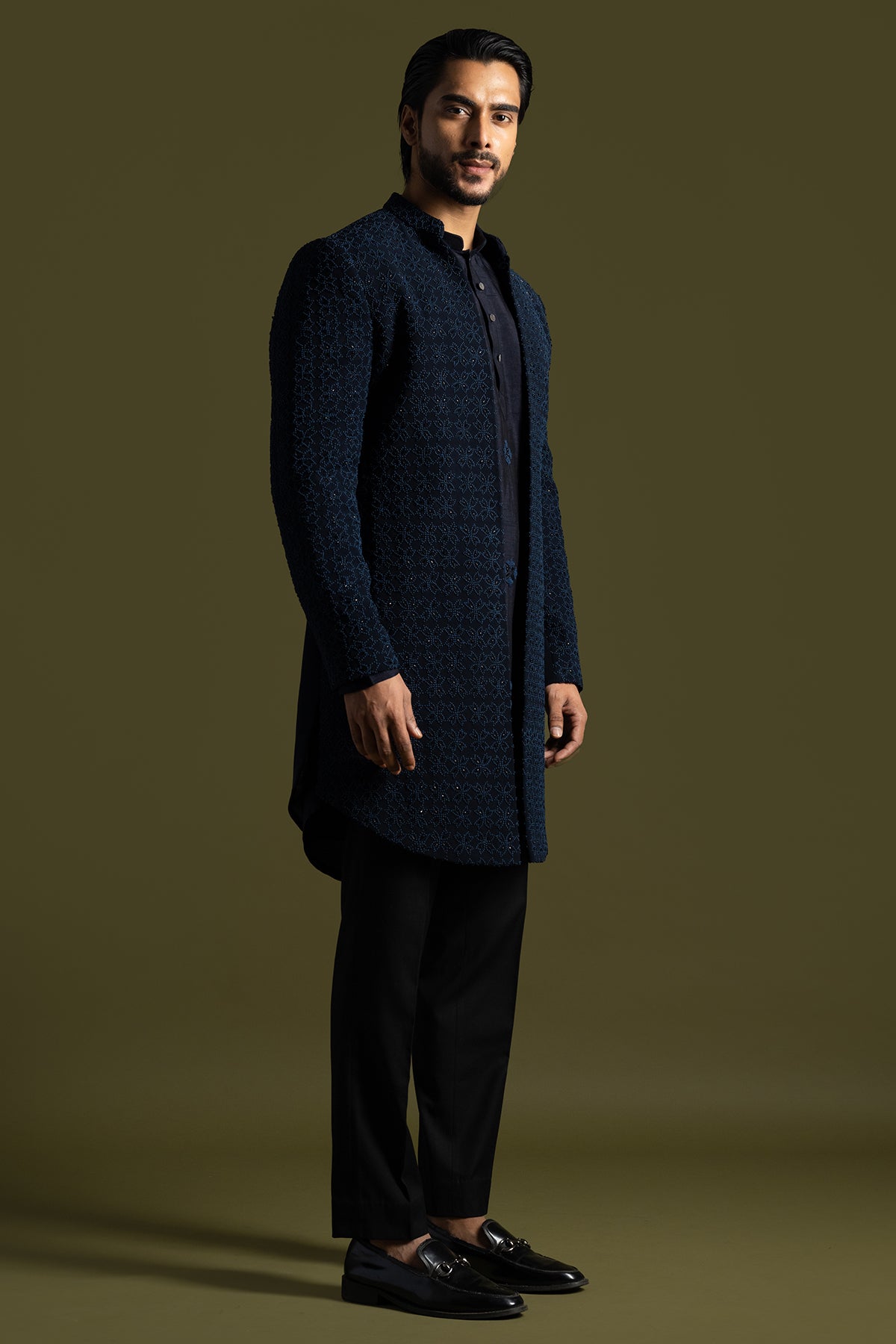 Blue Suiting Cutdana Achkan Set