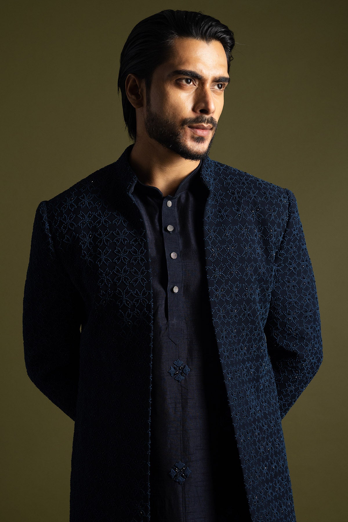 Blue Suiting Cutdana Achkan Set